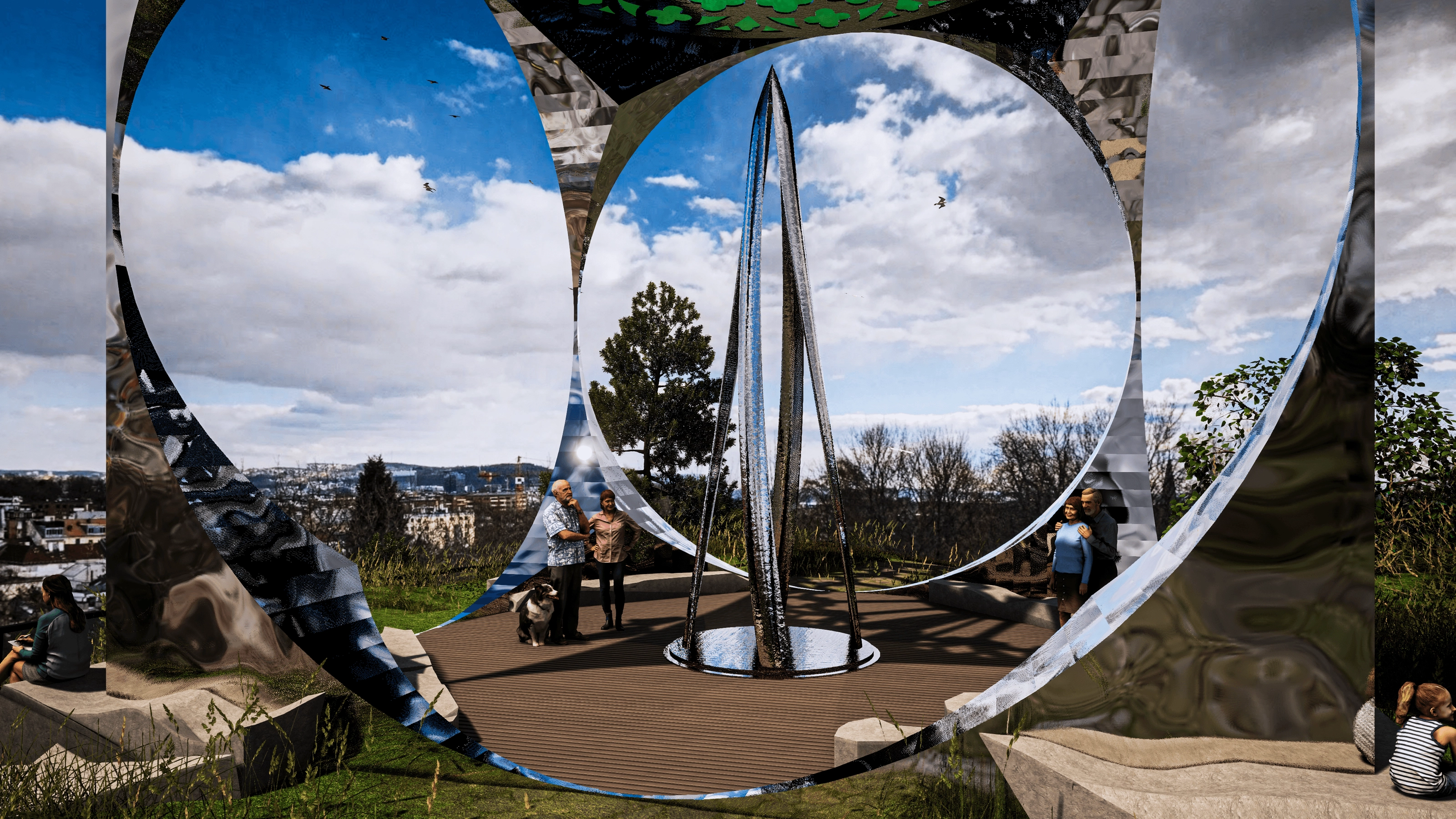 Daytime rendering of a mirror-finished, ring-shaped sculpture/pavilion in a meadow, with a couple standing in its circular opening.