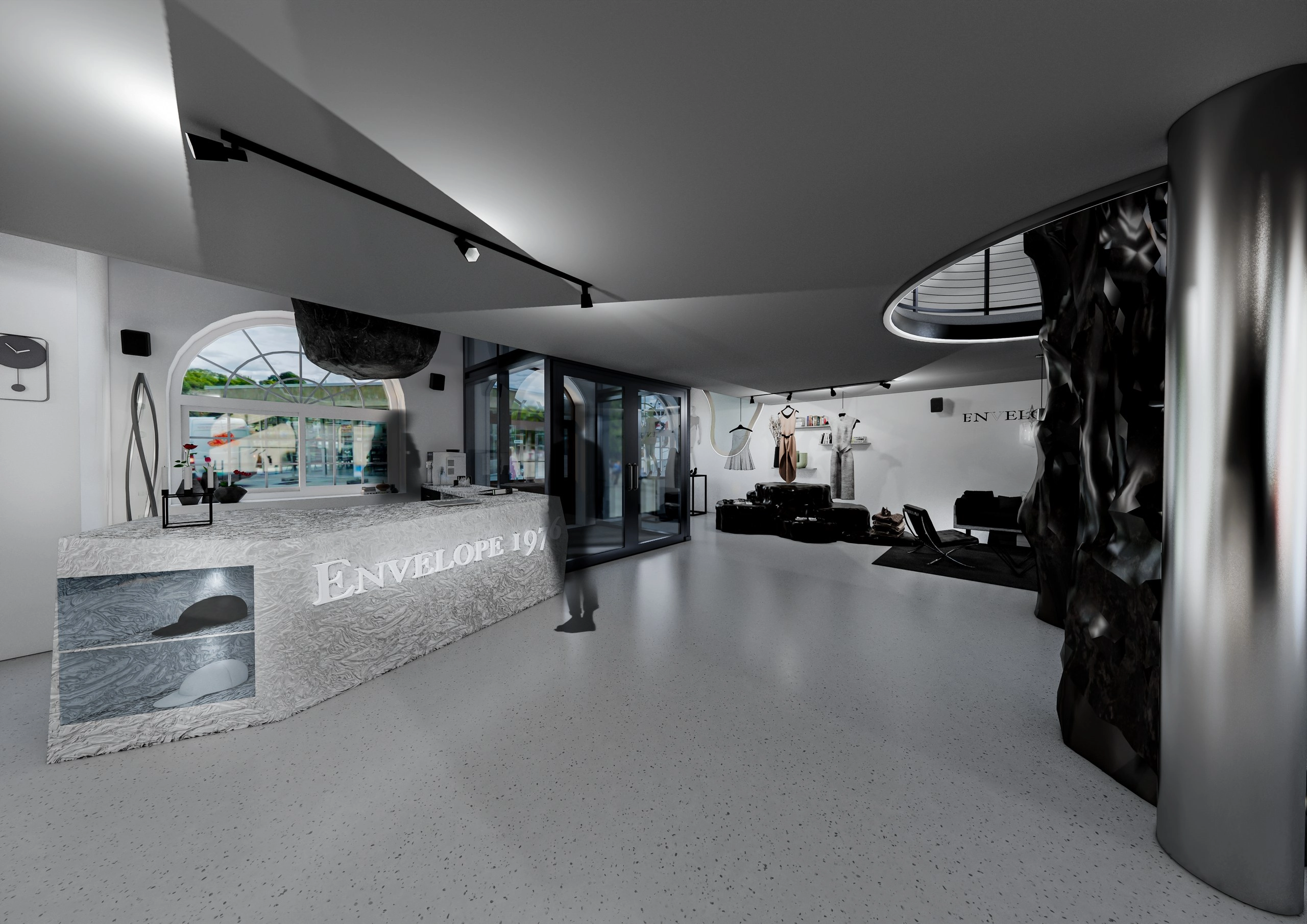 Rendering of the reception area with 'Envelope 1976' carved into a textured stone counter, an arched street-facing window, and a sculptural, mirror-finish column.