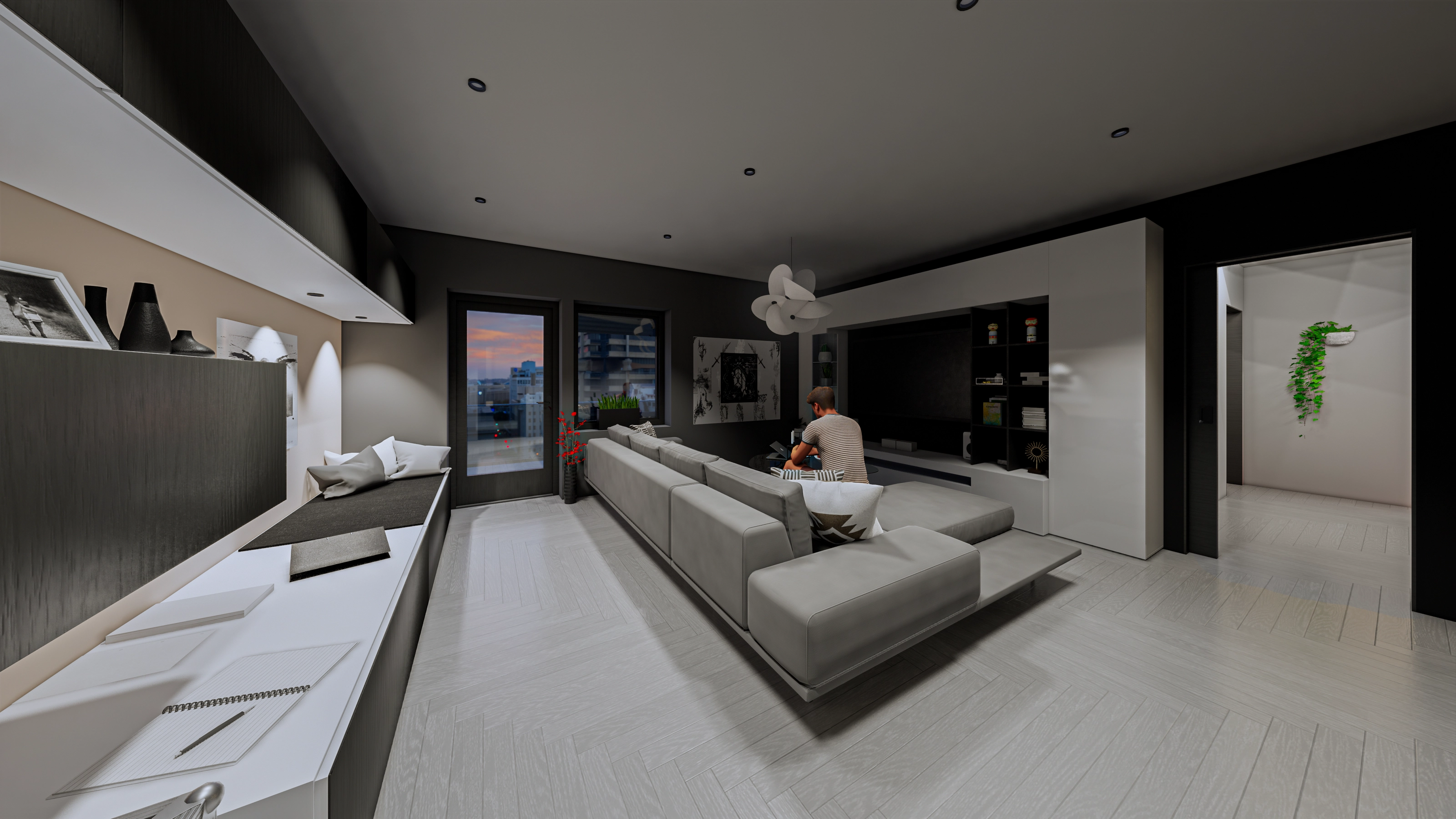 Rendering of a modern living room with a sectional sofa, media wall, and large windows overlooking the city at dusk.