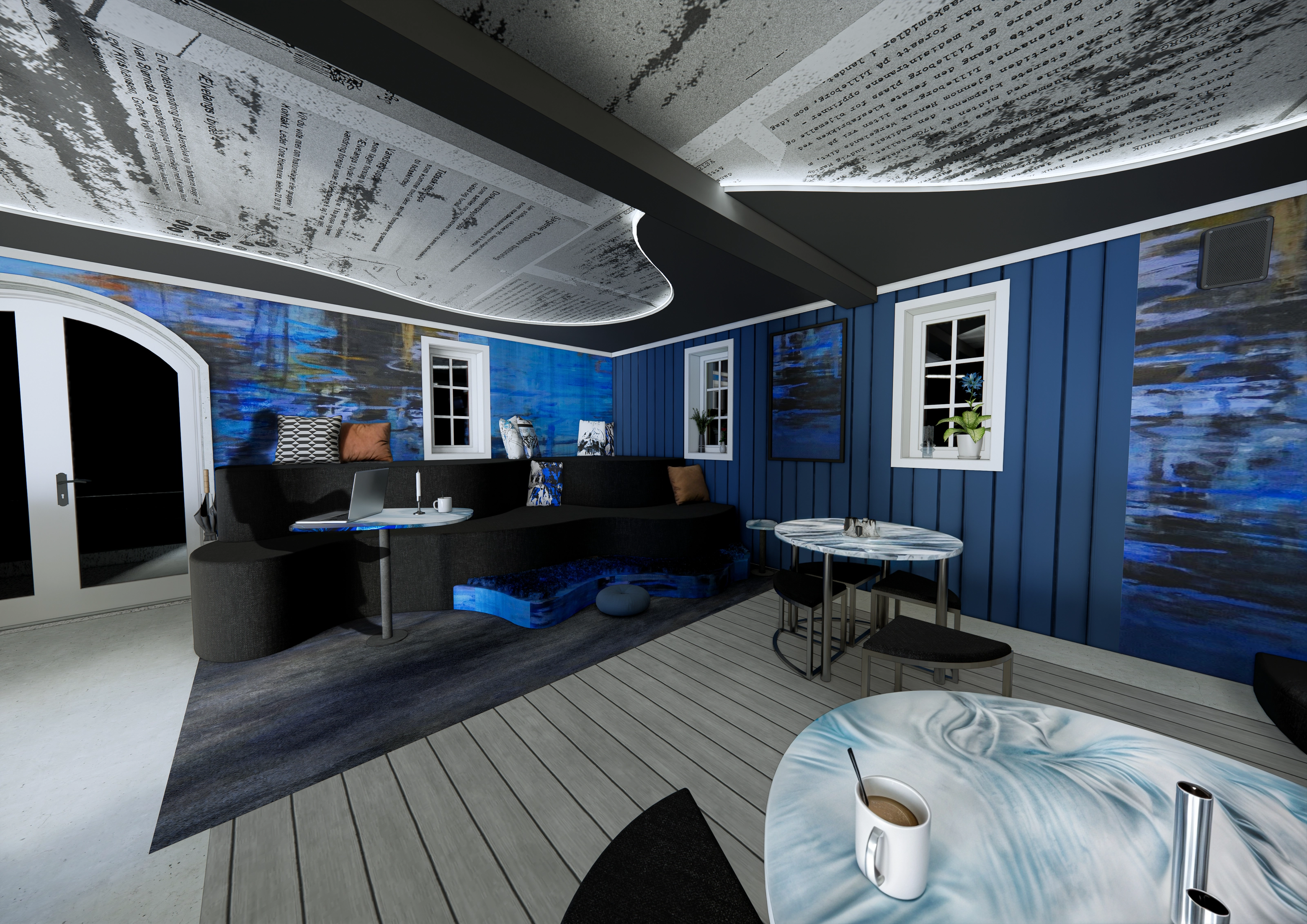 Rendering of a lounge area with a blue accent wall, a dark built-in bench, and a curved ceiling panel with a newspaper-print pattern.