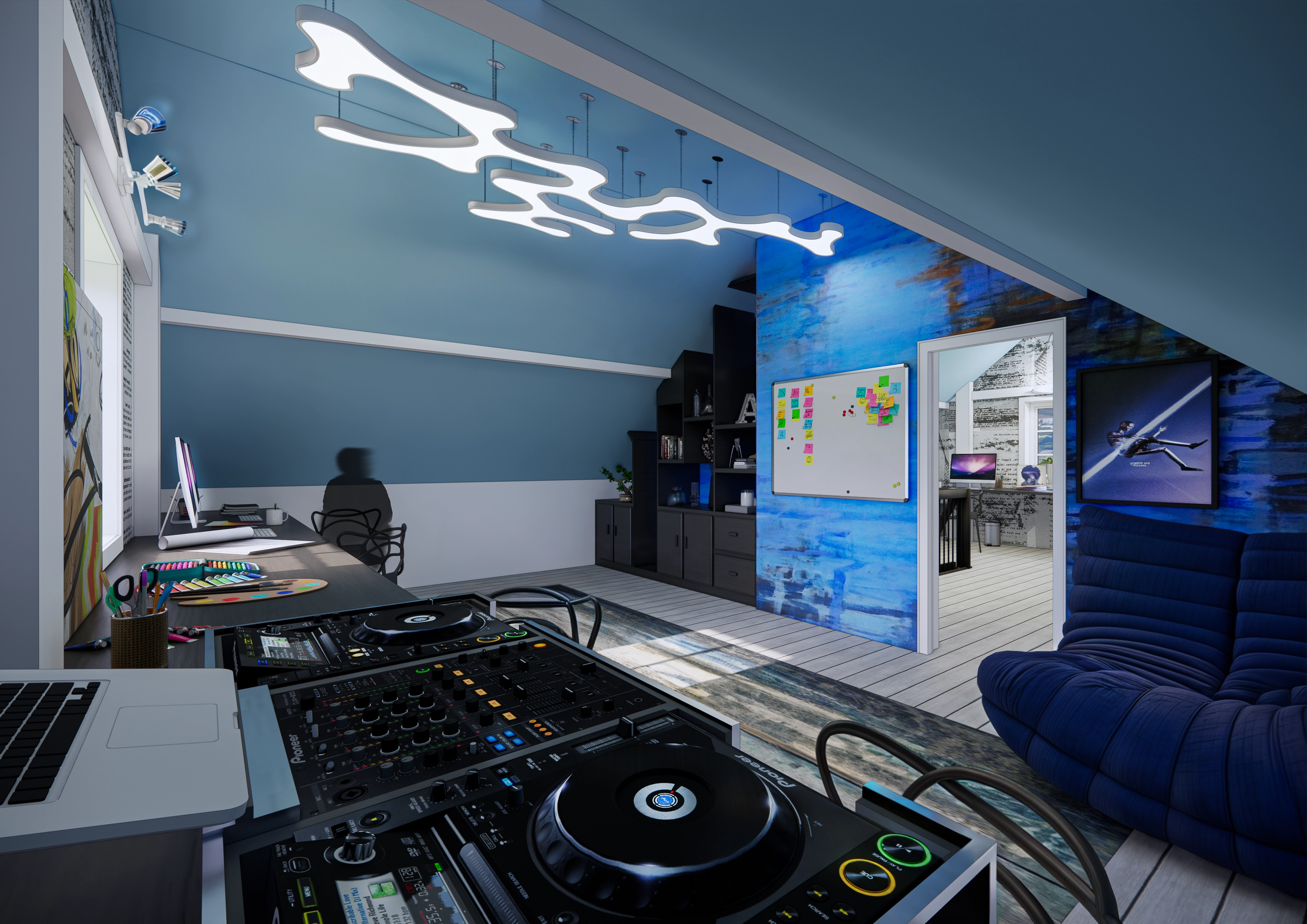 Rendering of a home studio/DJ nook with a mixer and turntables, a blue accent wall, and a glimpse into an adjoining room.