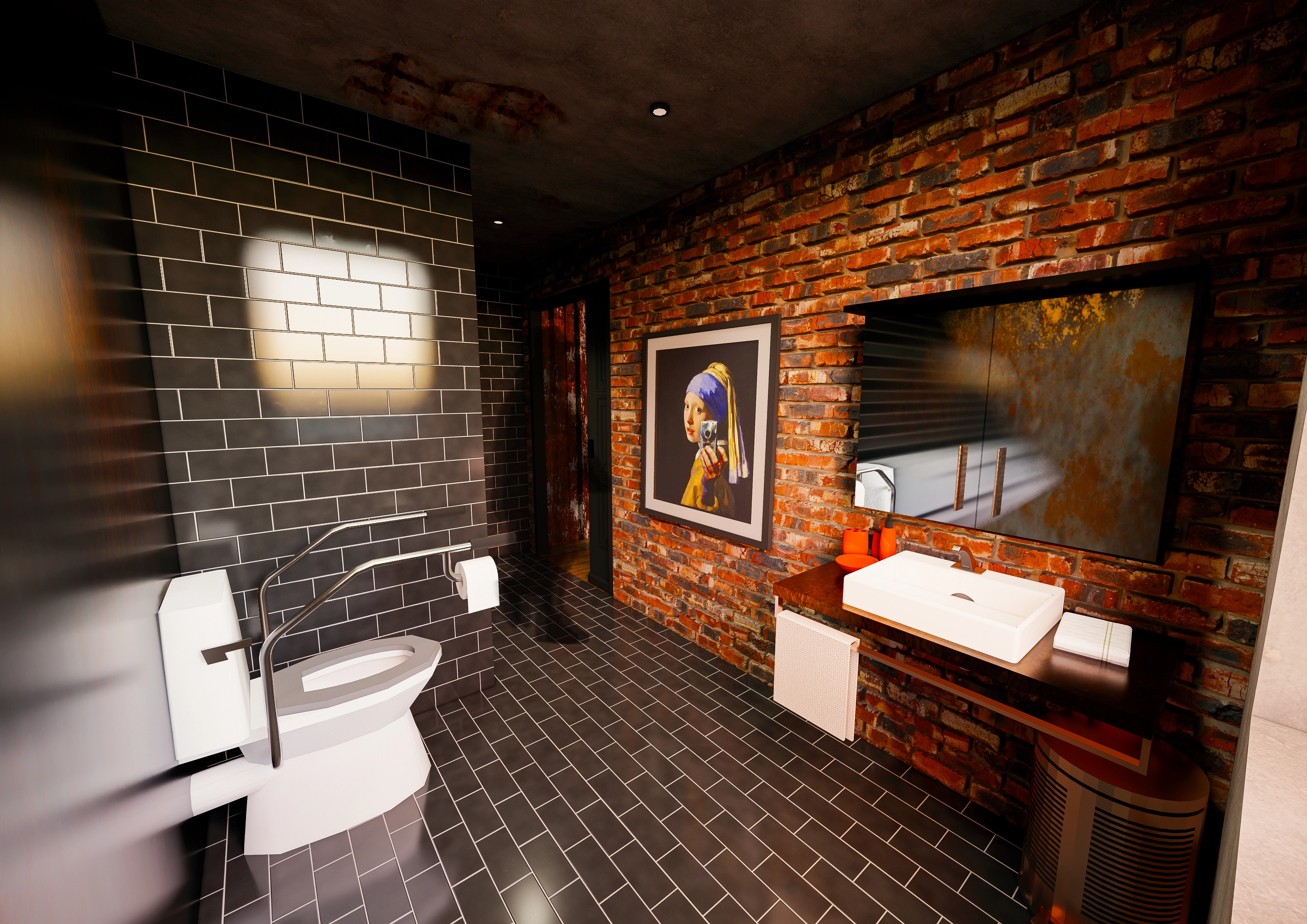 Rendering of an HC-adapted bathroom with black tile, a grab bar by the toilet, and a sink against a brick wall.