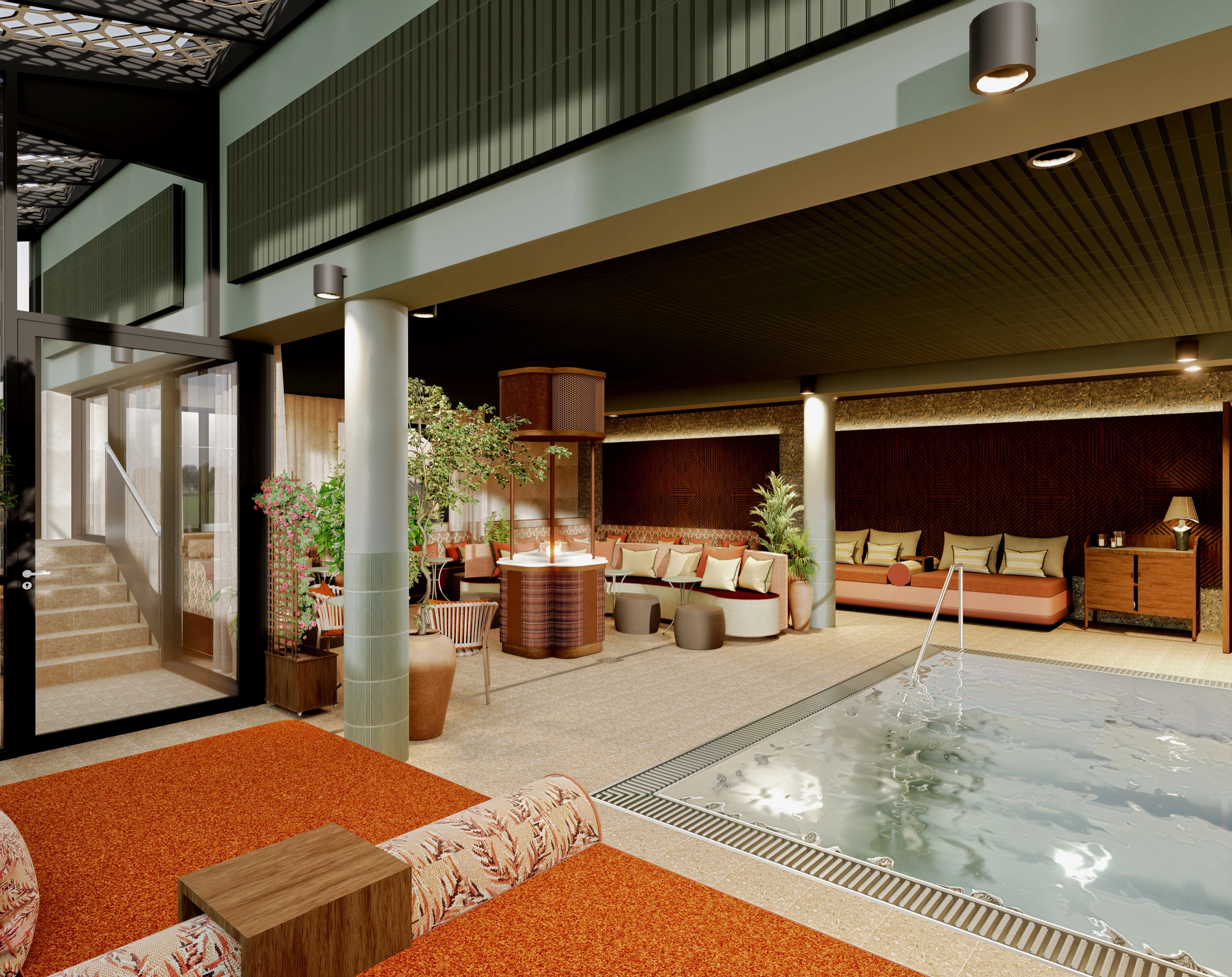 Poolside with day beds and a glass-framed stair leading up to the upper level.