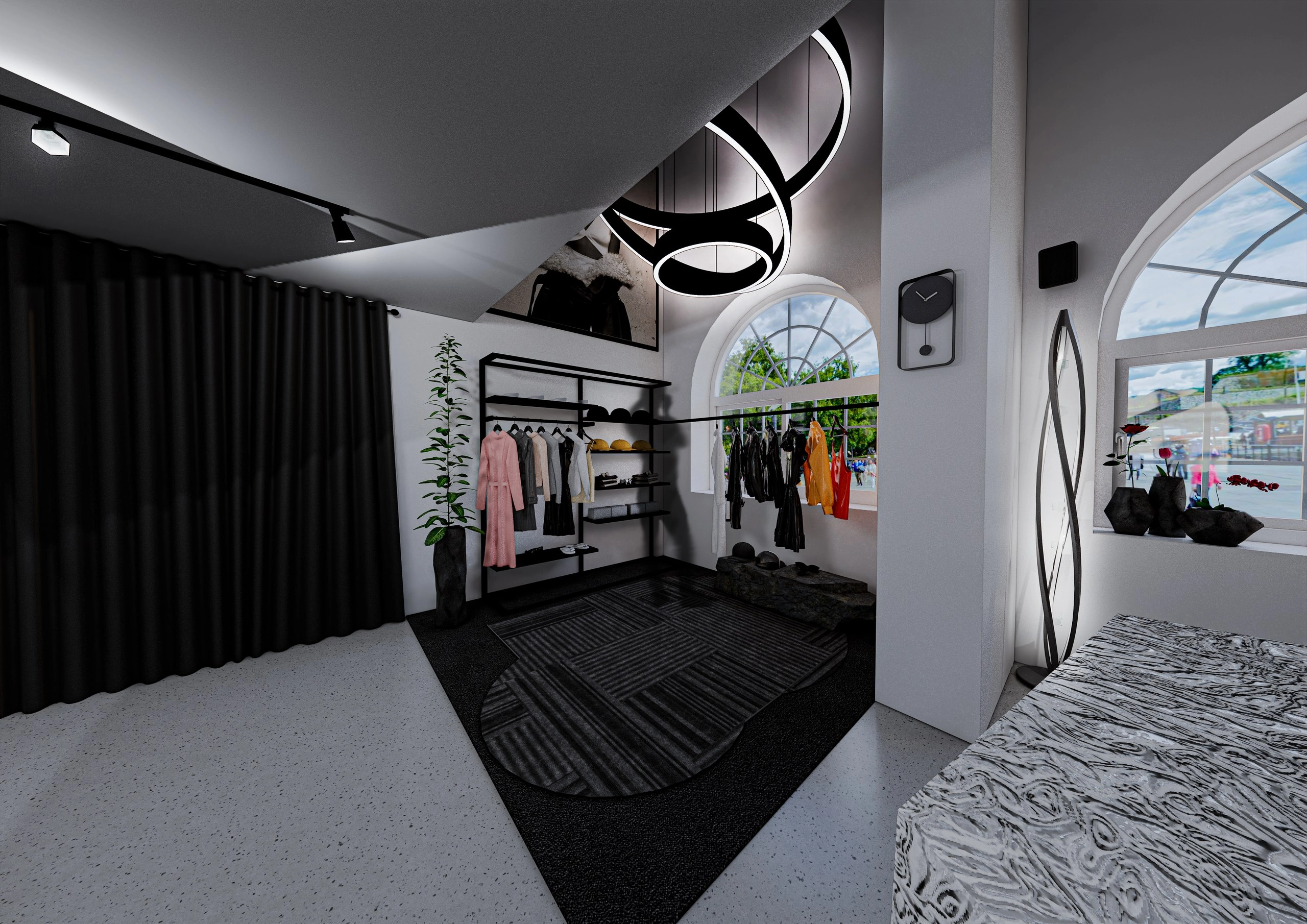 Rendering of a fitting area with a dark curtain, an arched window overlooking the square, an open clothing rail with colorful garments, and a black ring-shaped pendant light.