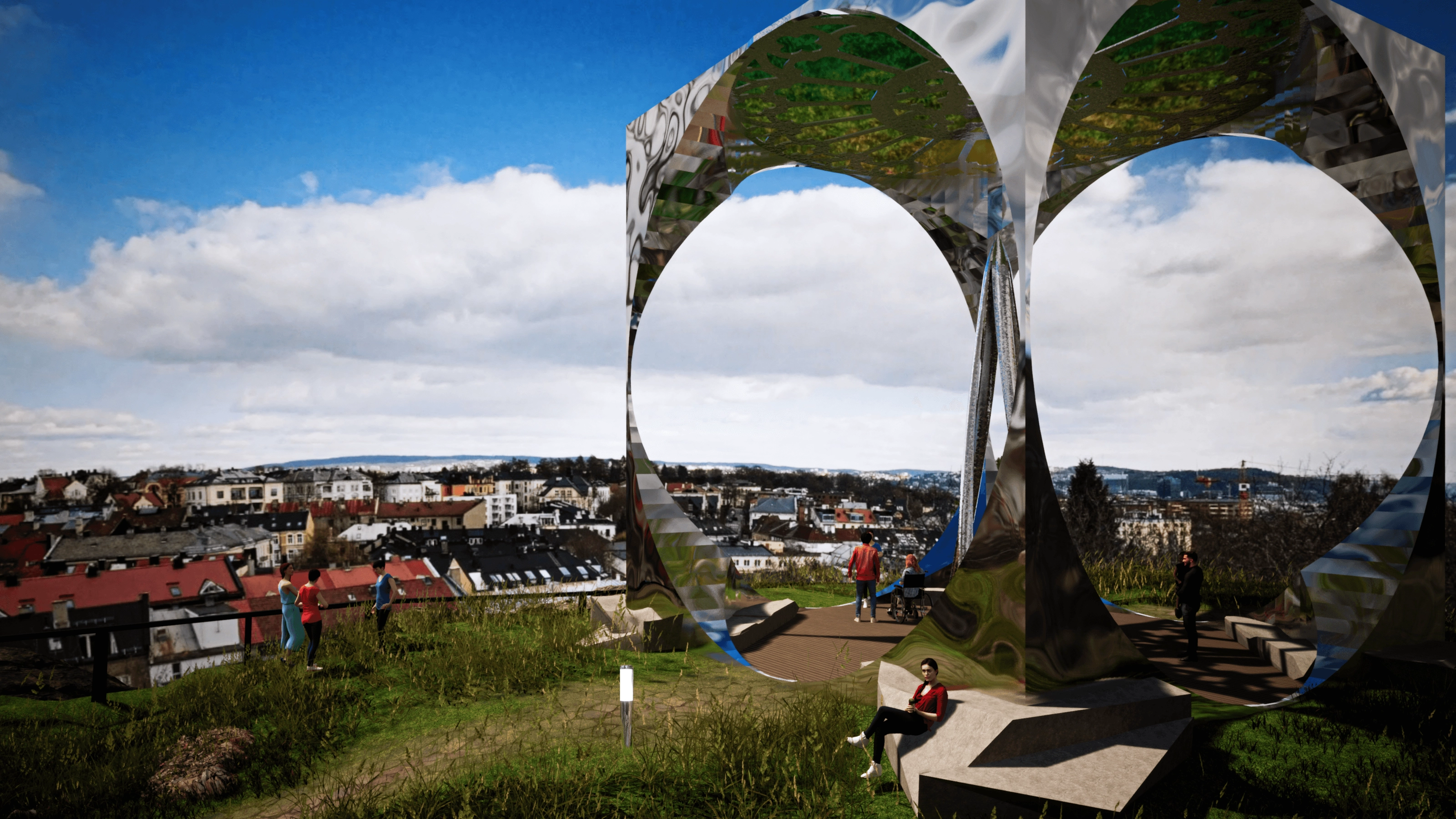 Daytime rendering of the double ring portals overlooking the city, a wheelchair user and companion in one ring opening, three people in conversation on the left, and a woman in a red top sitting on a stone bench in the foreground.