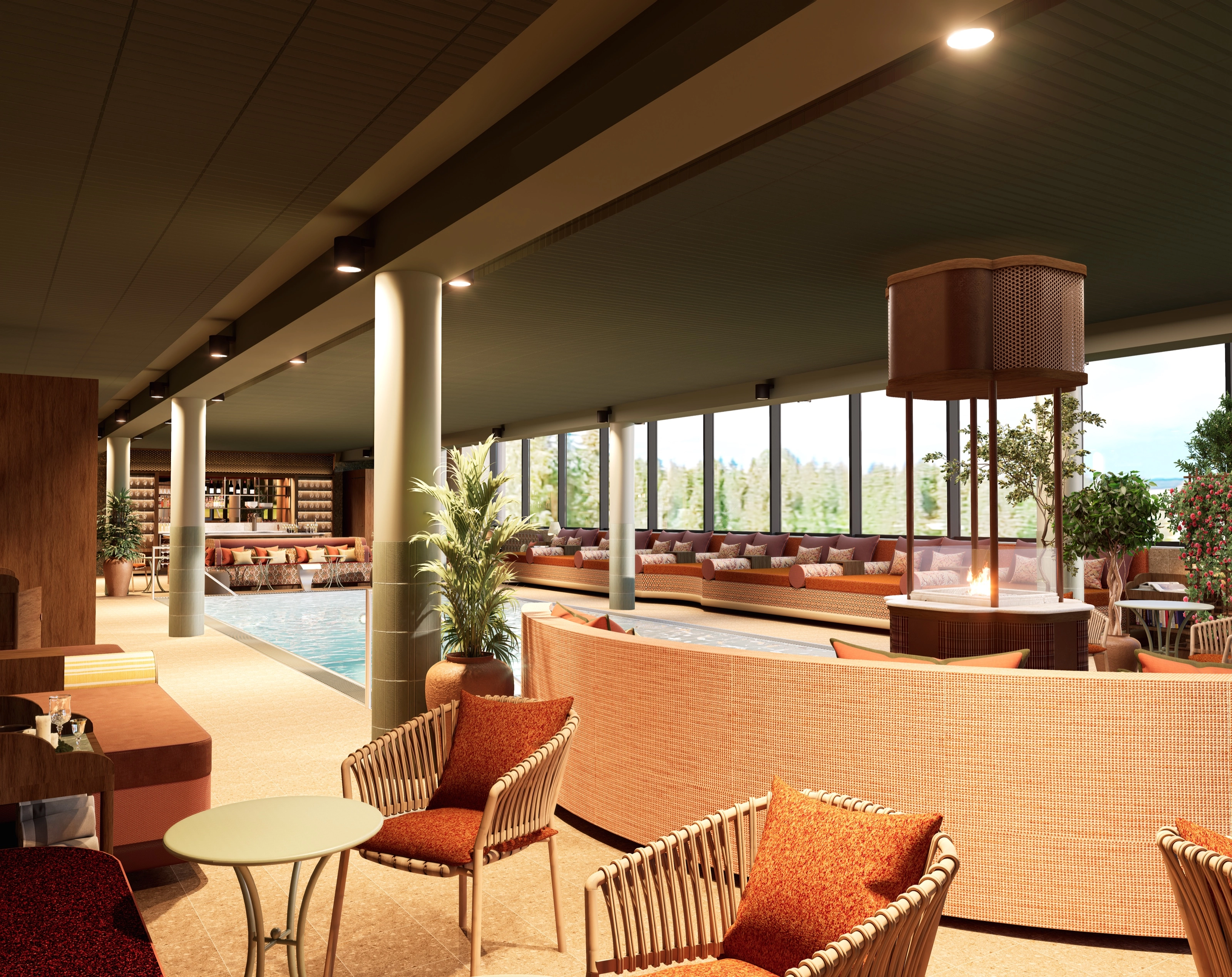 Curved rattan sofas and a central fire feature in front of panoramic windows facing the golf course.