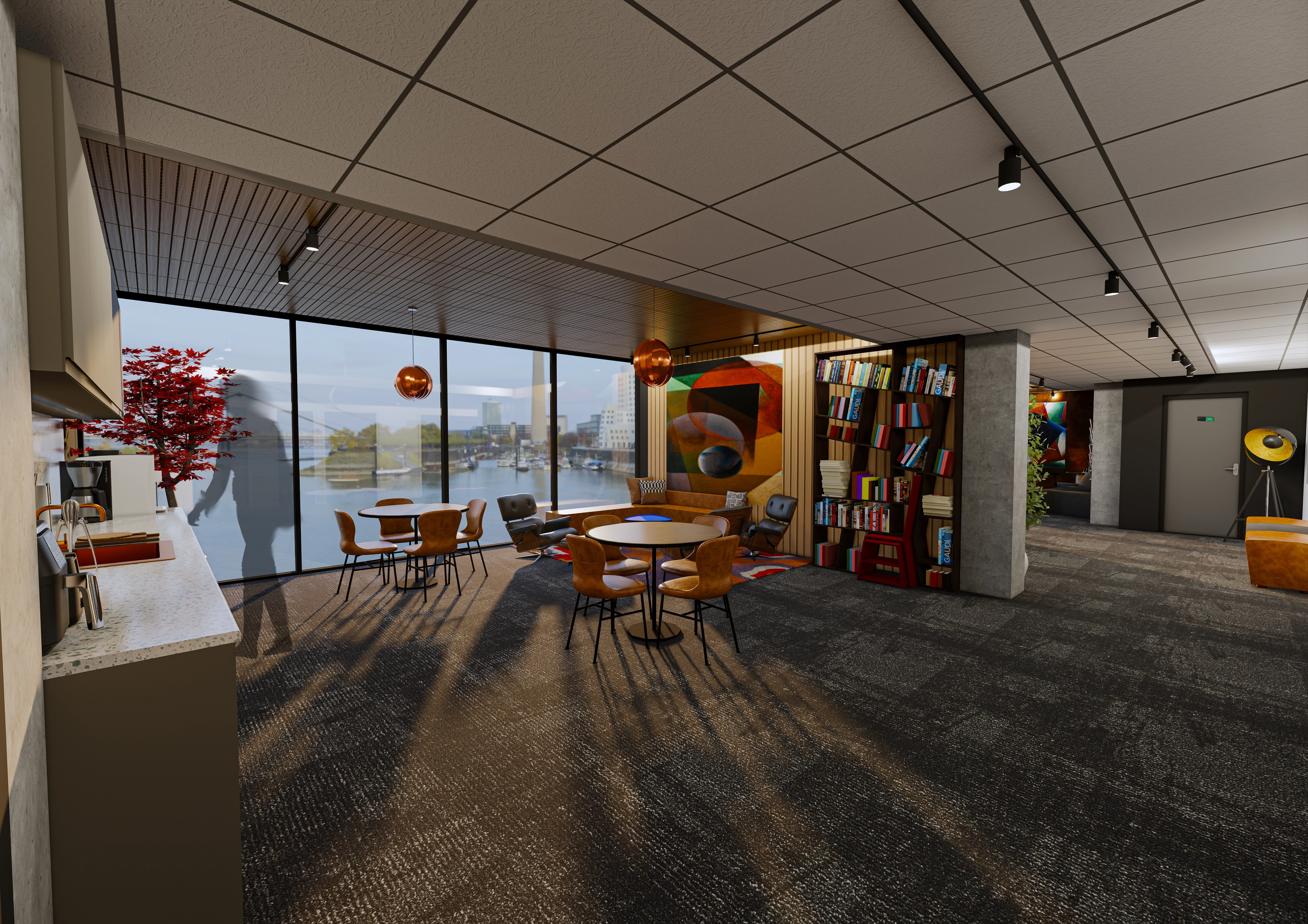Rendering of a lounge area by the waterfront windows, with round café tables, a bookshelf full of books, a Kandinsky-inspired painting, and copper pendant lights.