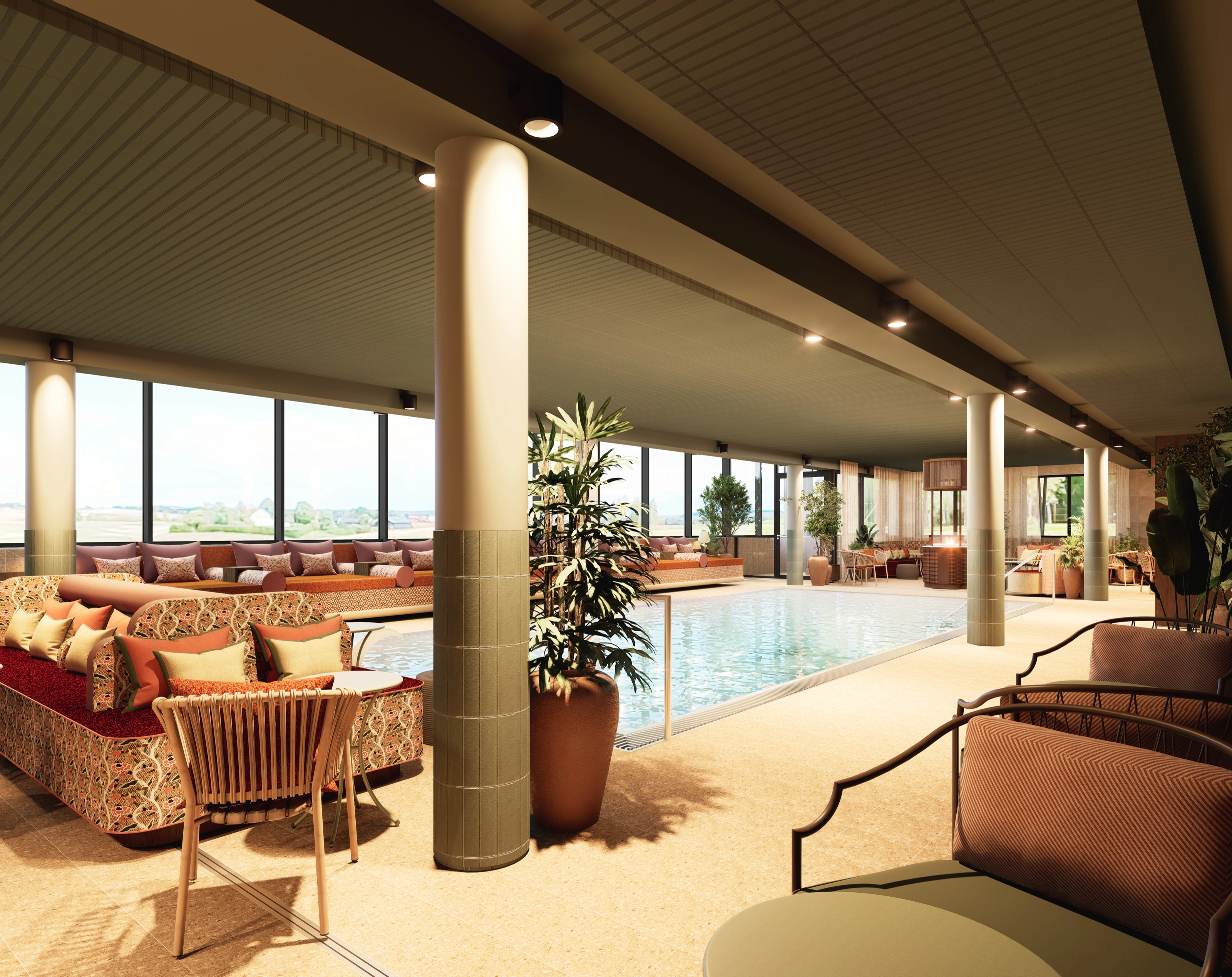 The spa pool flanked by columns and lounge sofas, with daylight from the window wall.