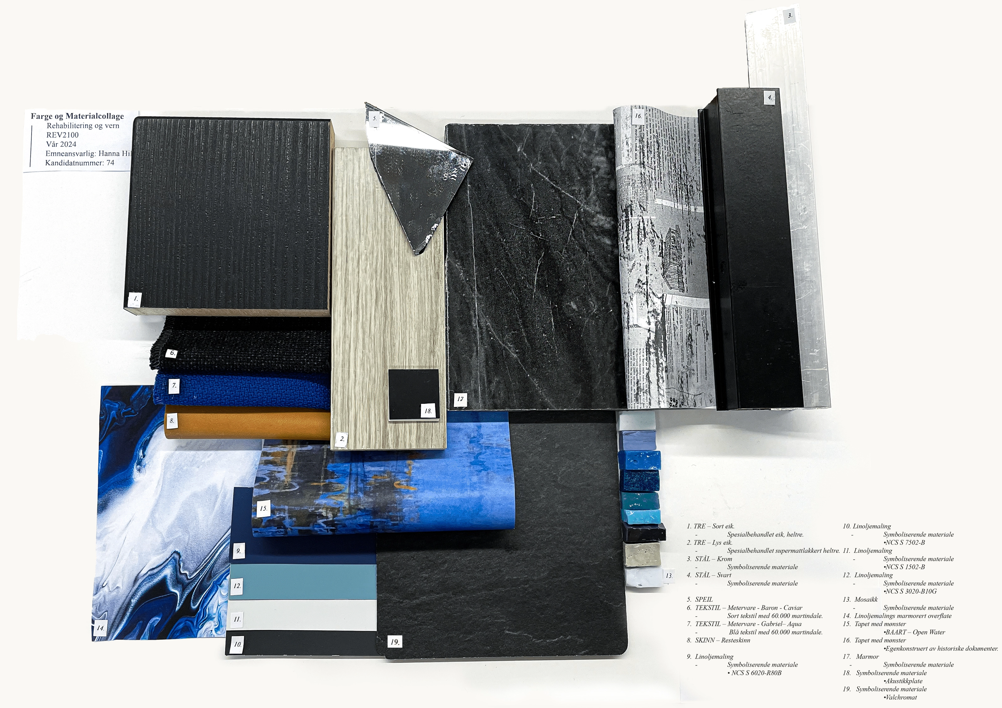 Material and color collage showing the project's material choices — dark slate, wood, textiles, and a blue-toned art panel.