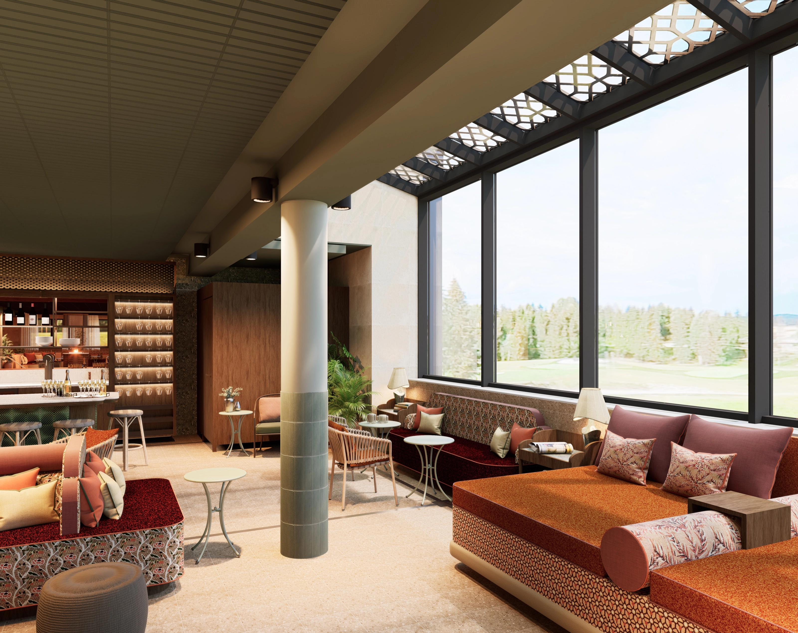 Upper lounge area with terracotta sofas and large windows overlooking the golf course.
