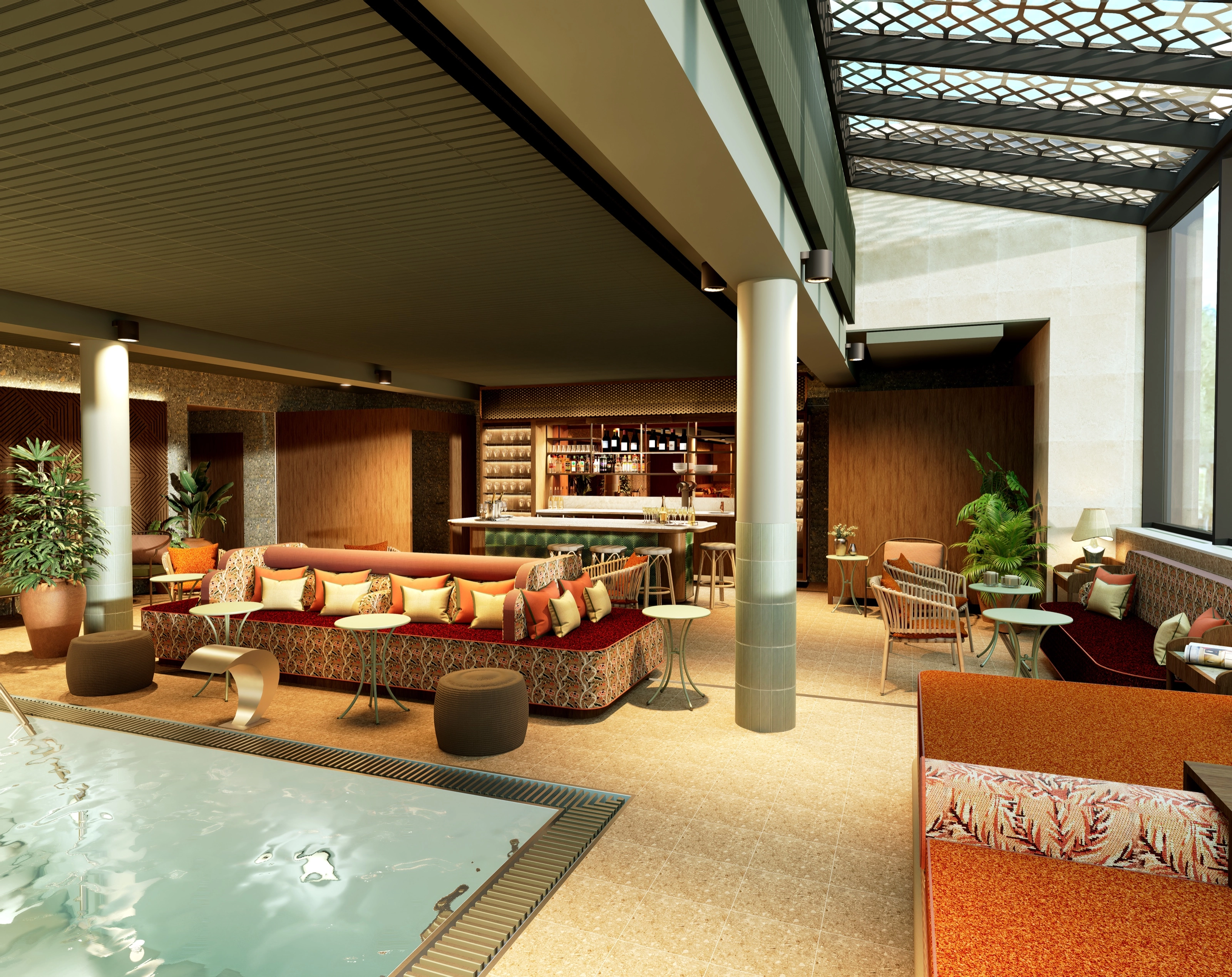 The pool lounge bar with a backlit wine display and a long patterned sofa in the foreground.