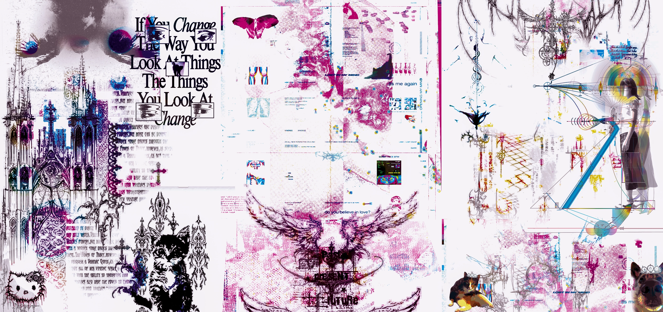 Three-panel digital art collage in pink and purple, with gothic cathedral spires, typography, and graphic elements.