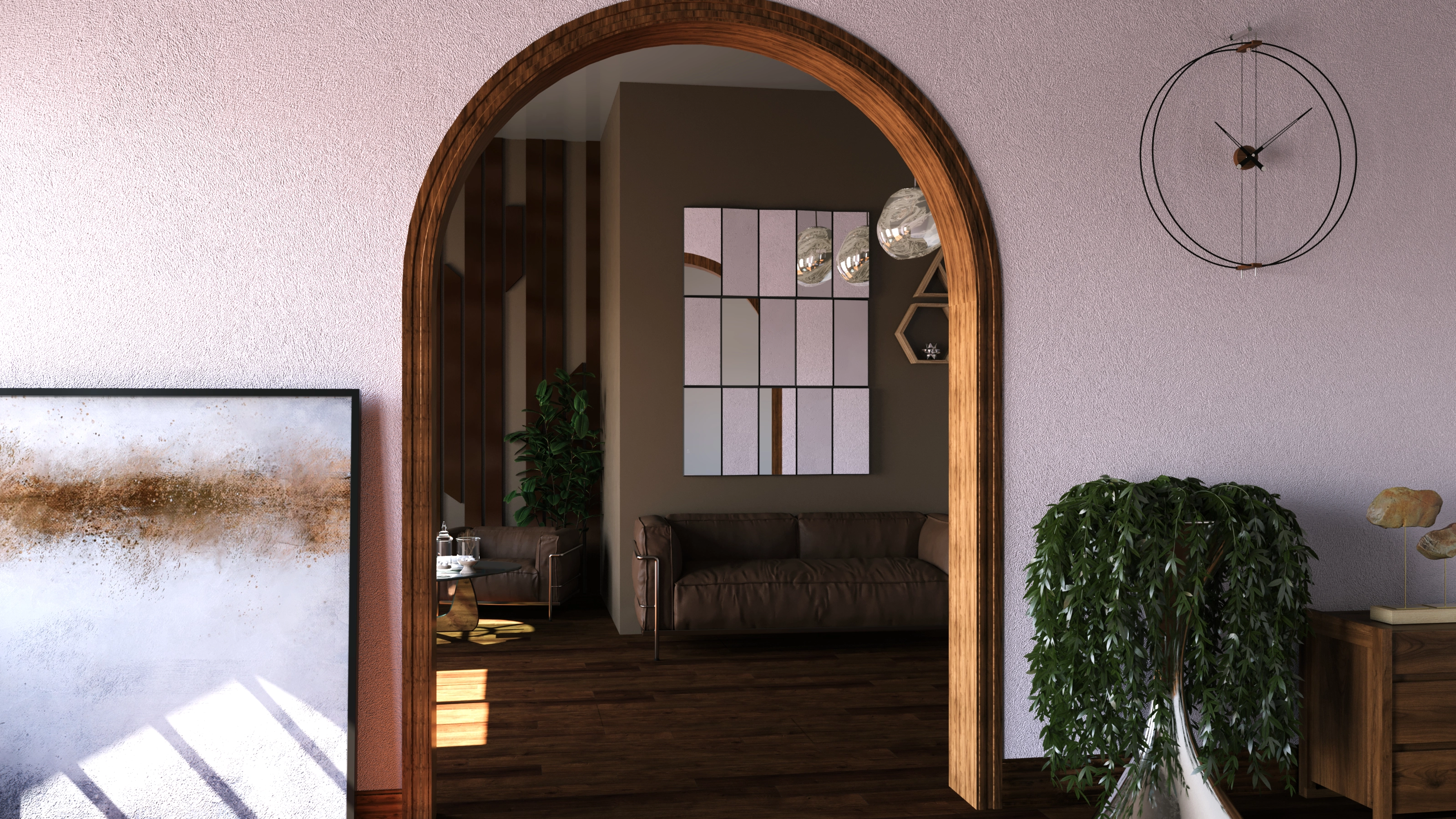 The same room shell seen through an arched doorway, furnished as a living room with leather sofa and wall art.