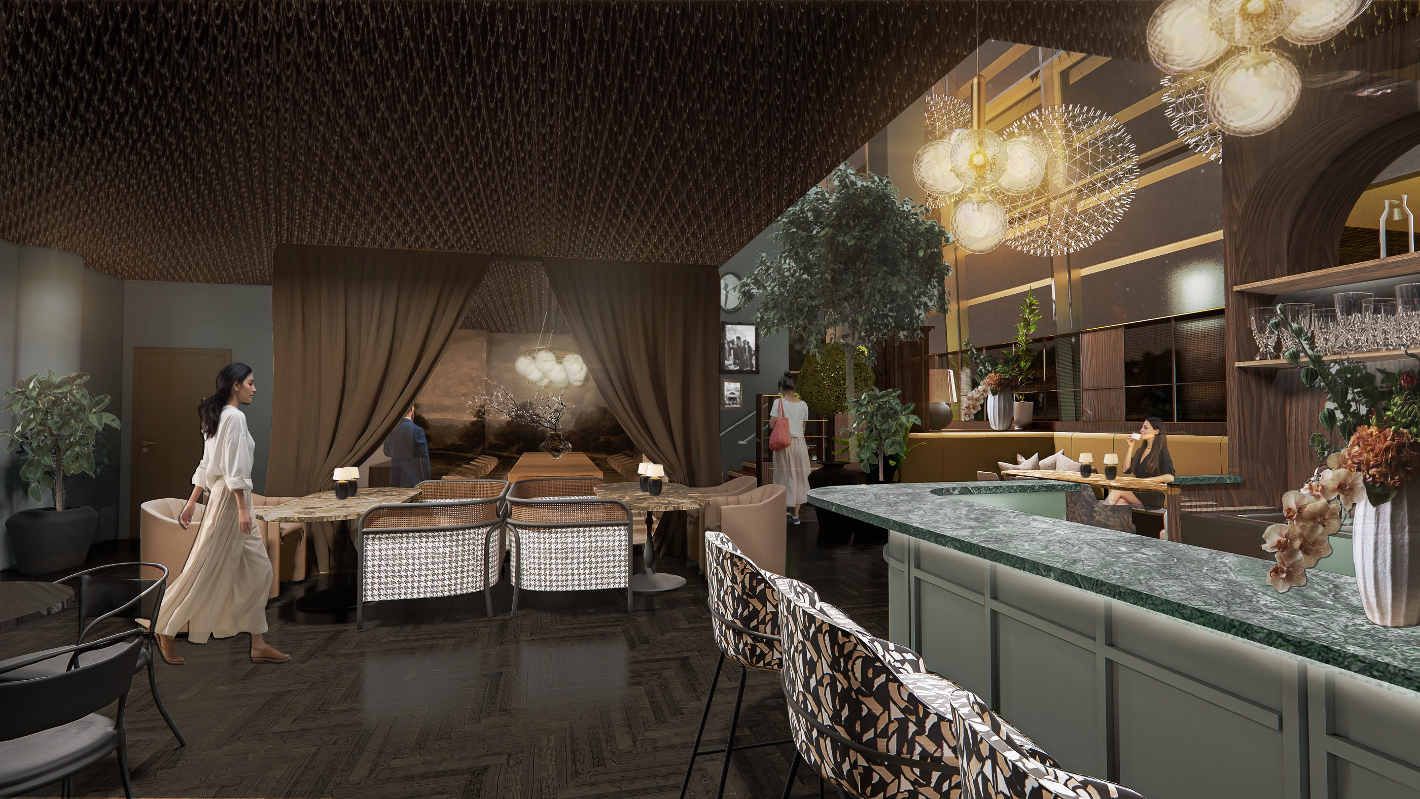 Rendering of the restaurant interior at Cru, with a green marble bar, cane-back bar stools, curtained zones, and round pendant lights.