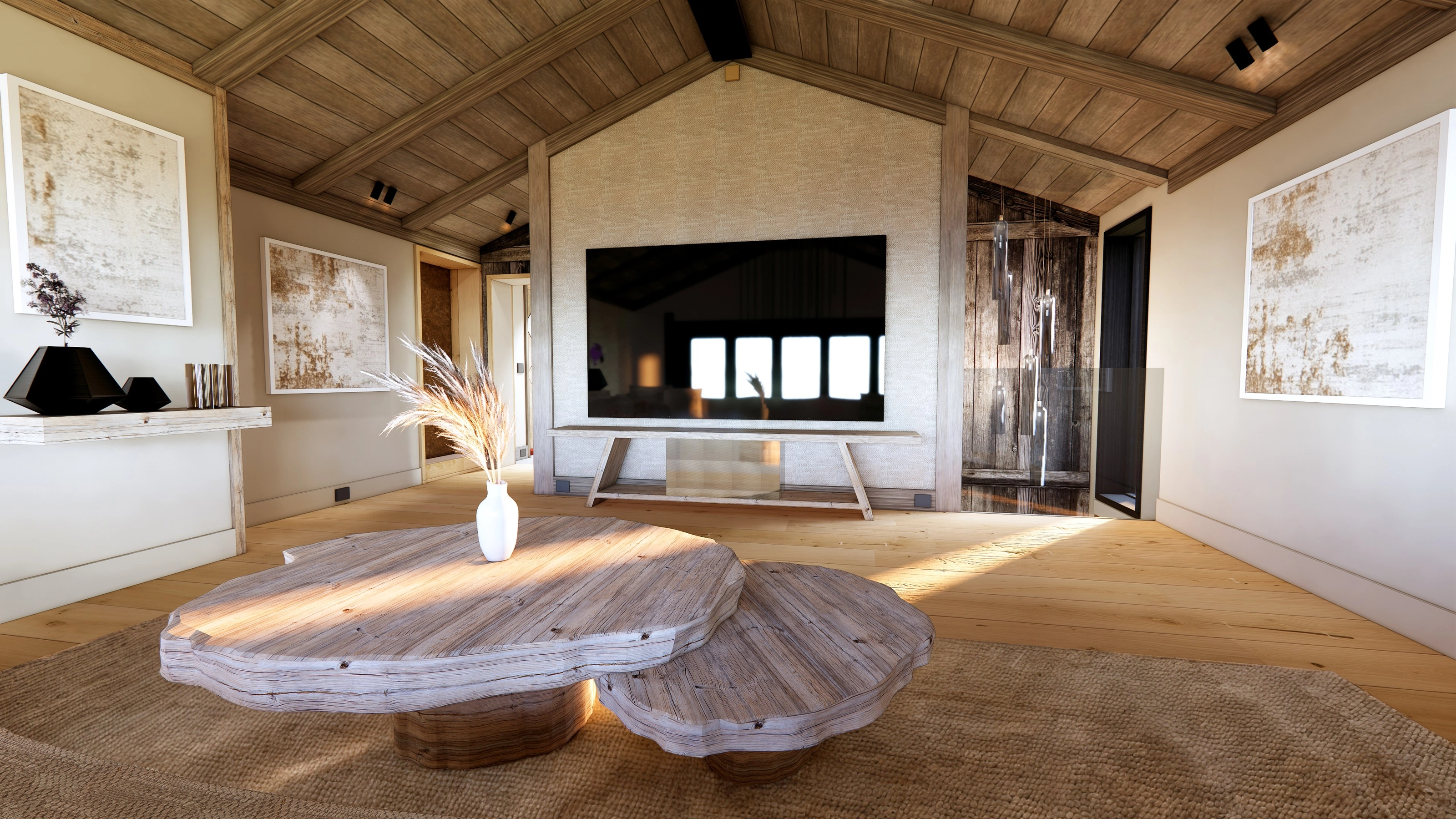 Rendering of an upstairs living room with a wood-clad sloped ceiling, a sectional sofa, and round wood tables, overlooking a mountain landscape.
