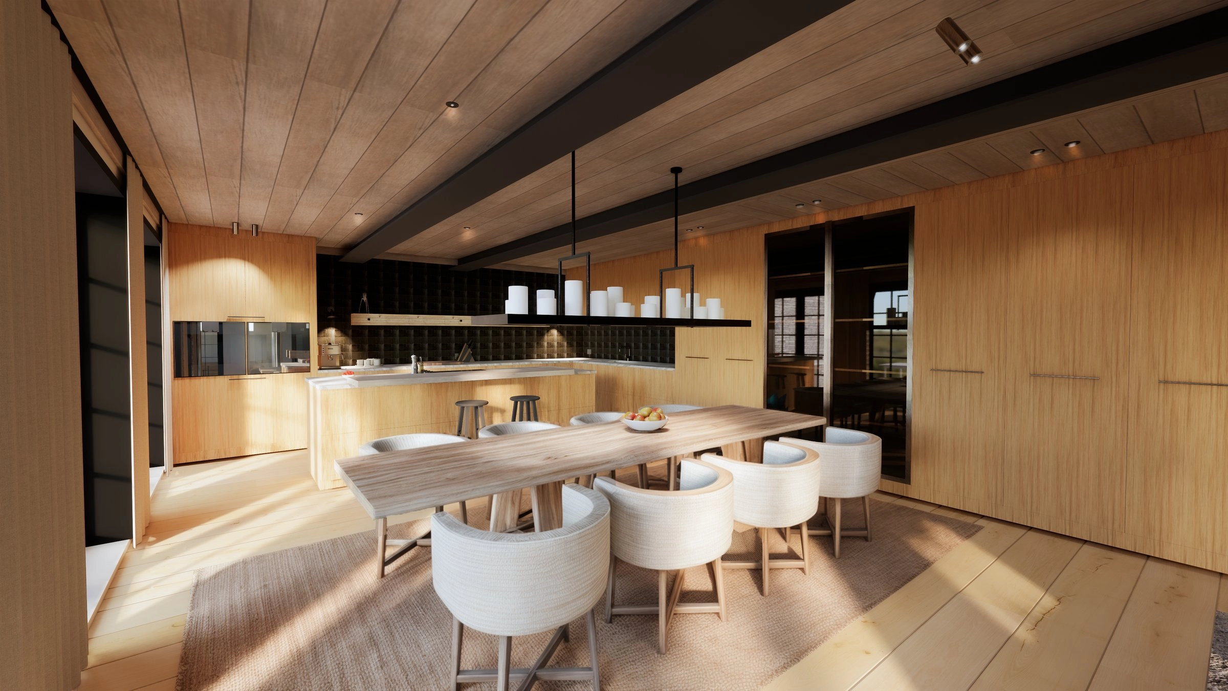 Rendering of a wood-clad kitchen and dining area with a long dining table, upholstered chairs, and a hanging light fixture over the kitchen island.