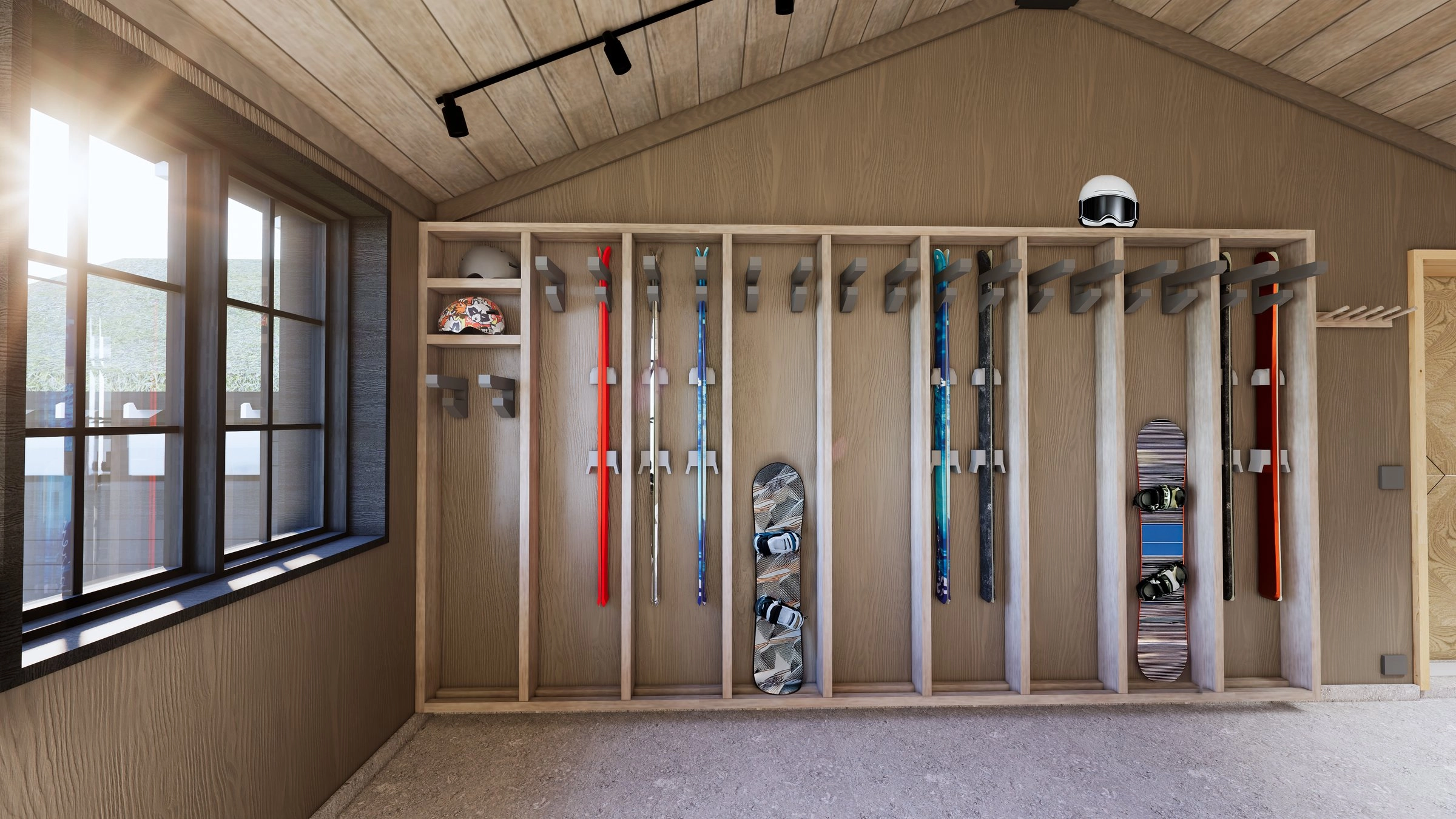 Rendering of a ski and gear room with individual bays for skis, snowboards, helmets, and boots.