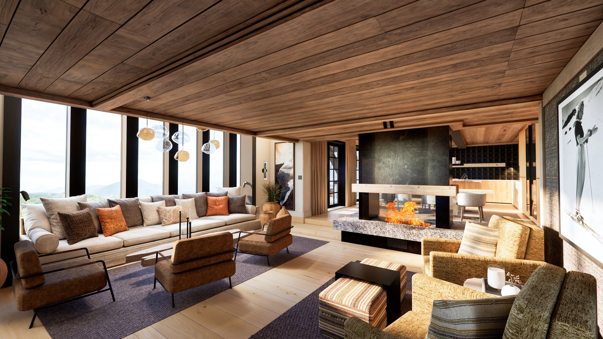 Rendering of a living room with a fireplace, large windows facing the mountain landscape, and seating areas in warm materials.