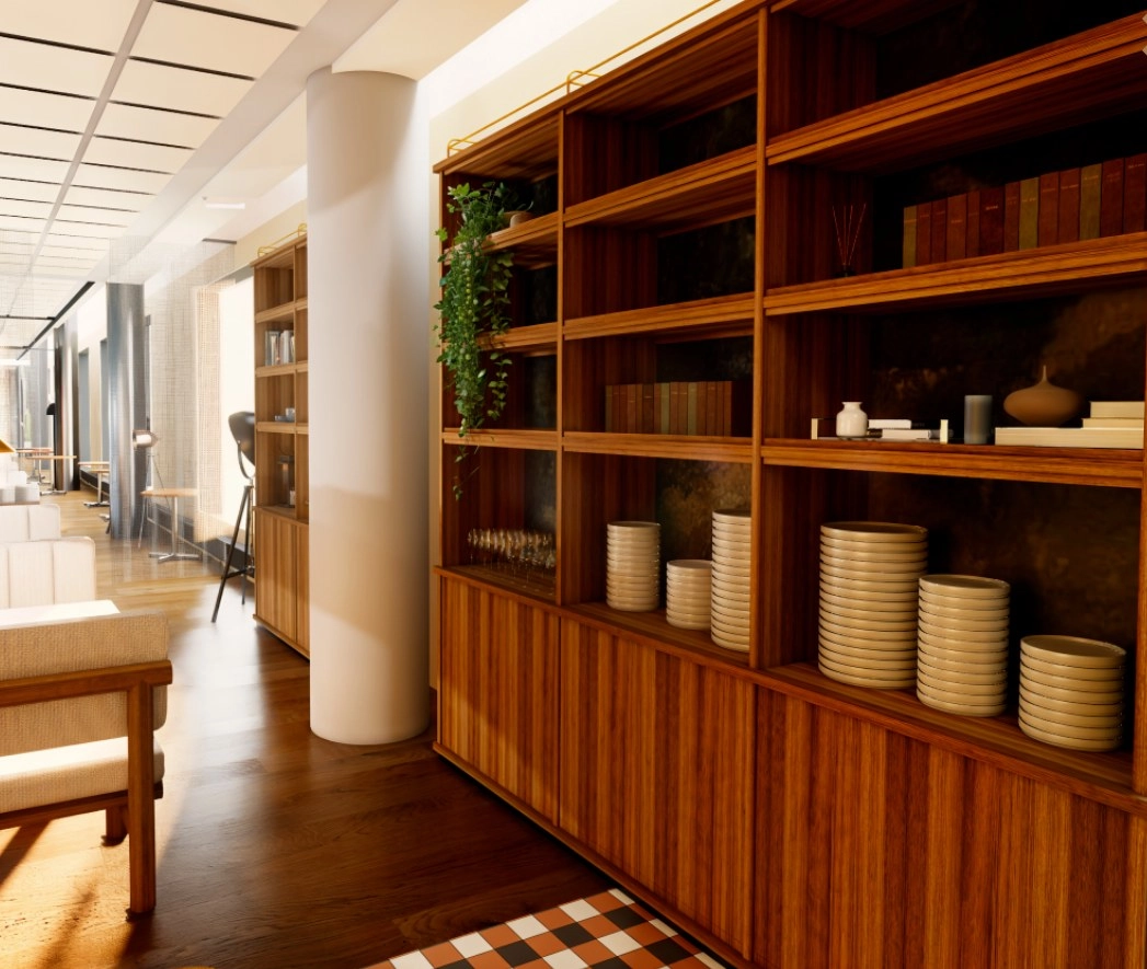 Rendering of the bistro seating area with a white column and a tall wooden shelving unit holding books, plants, and tableware, over the same checkered floor as the entrance.