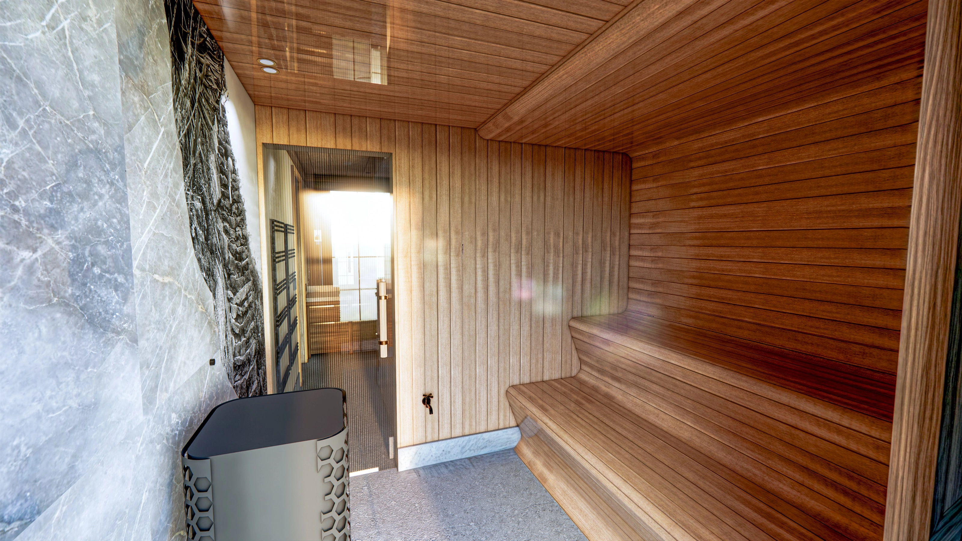 Rendering of a sauna with wood and marble paneling and a stepped bench.