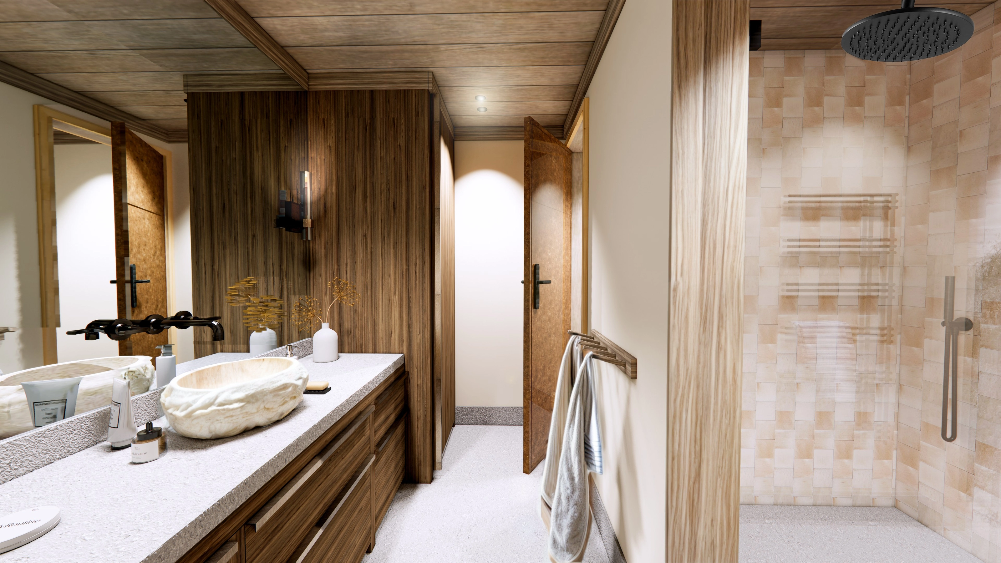 Rendering of a bathroom with a stone vessel sink, dark wood cabinetry, and a tiled shower niche.