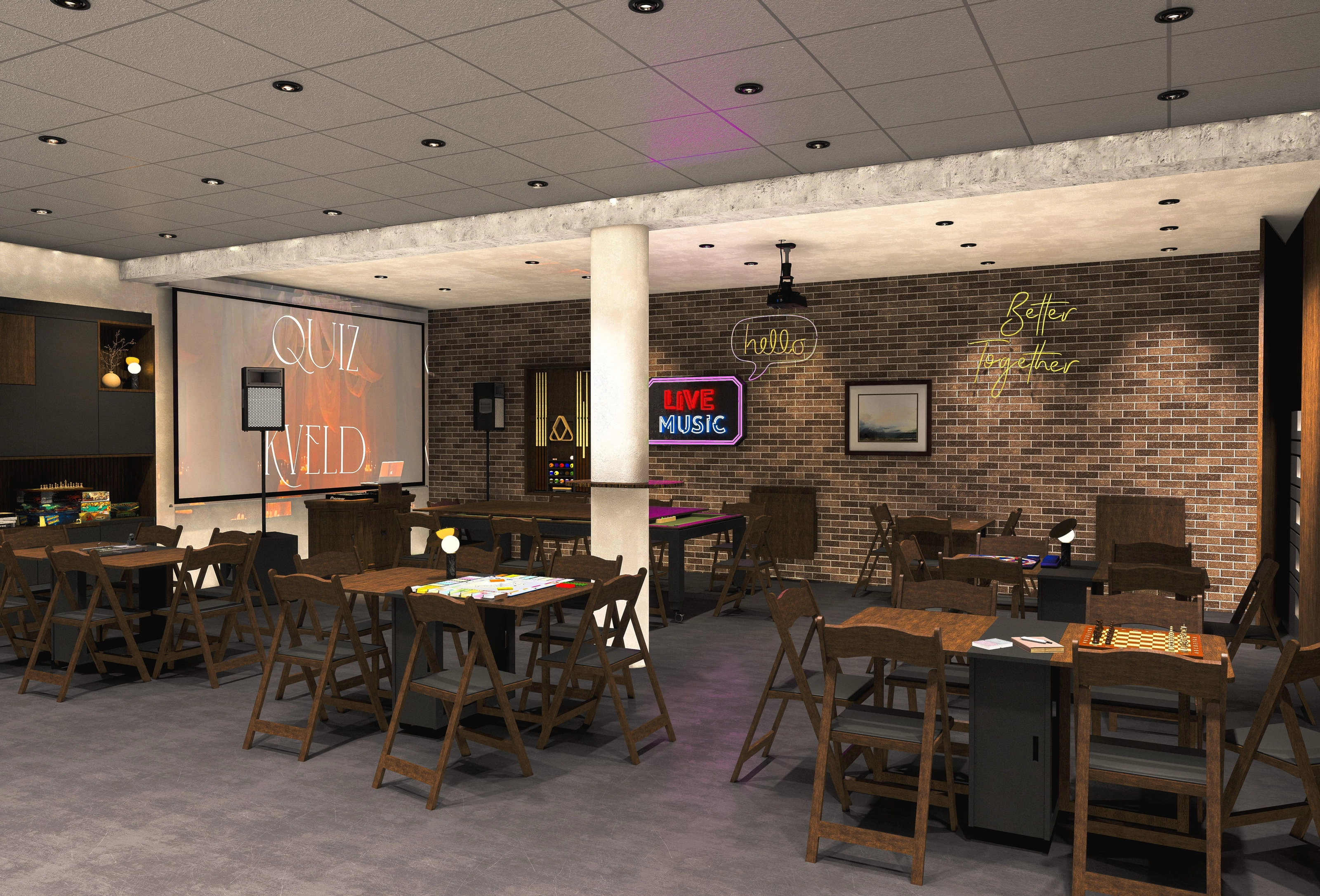 Rendering of a social room with a quiz-night screen, game tables, and lounge chairs.