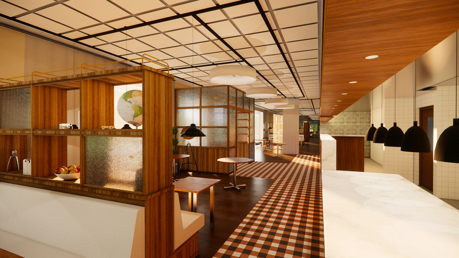 Rendering of the bistro corridor, with a wooden shelving unit holding a globe and glass-paneled dividers, a checkered floor, and a marble reception counter with black pendant lights in the background.
