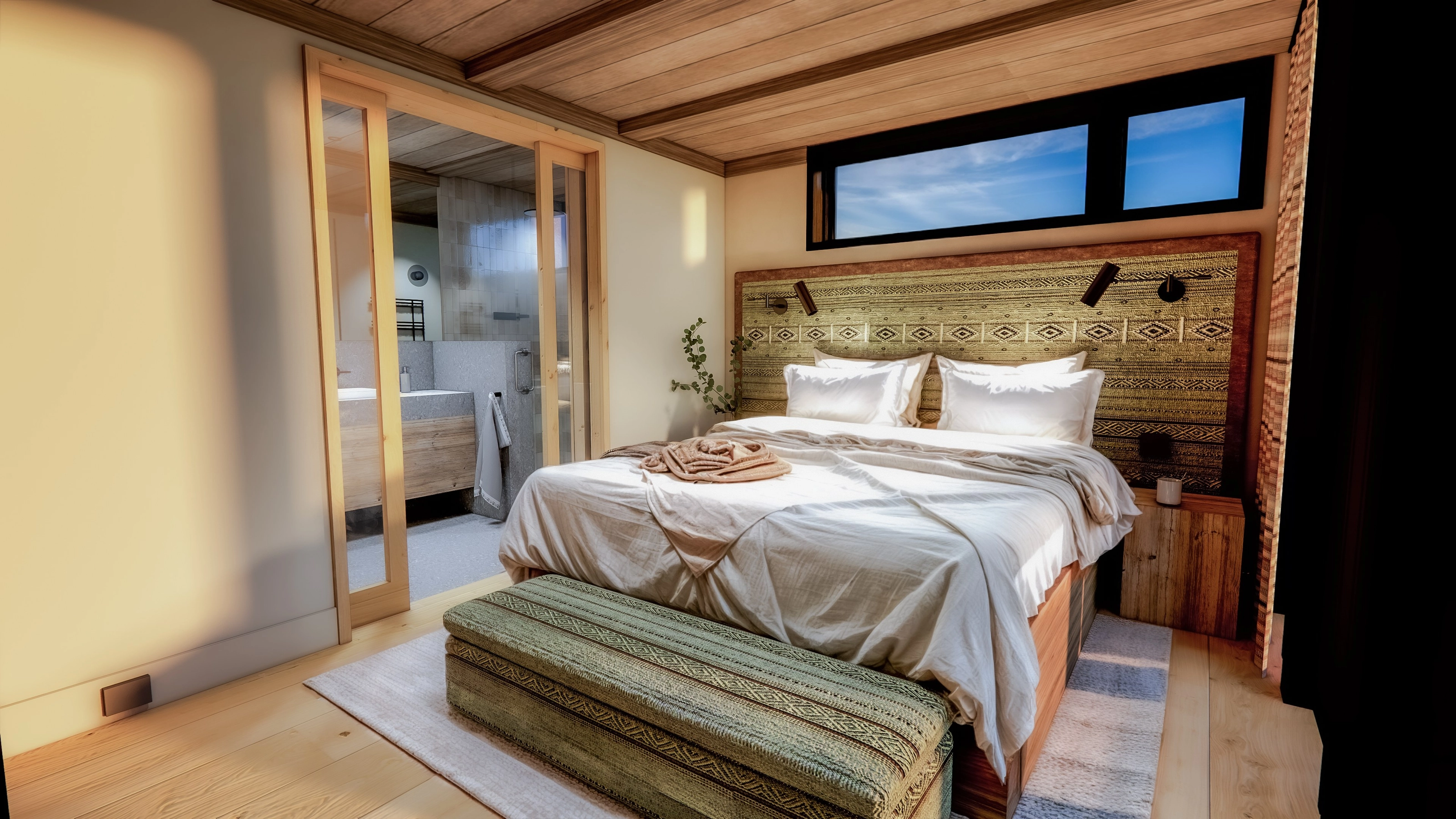 Rendering of a bedroom with a double bed and a view into the adjoining bathroom.