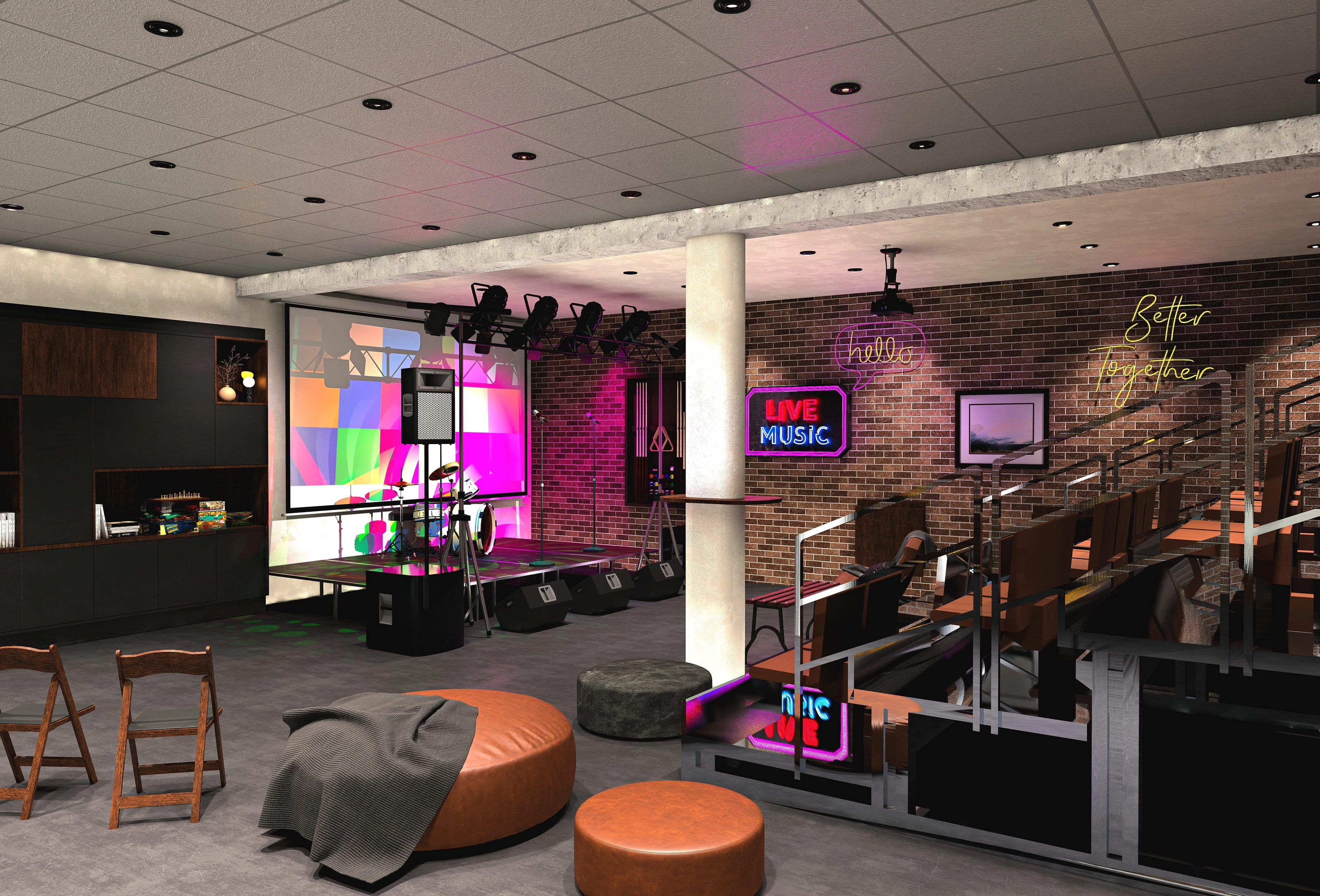 Rendering of a stage/performance room with lighting, speakers, and stepped seating.