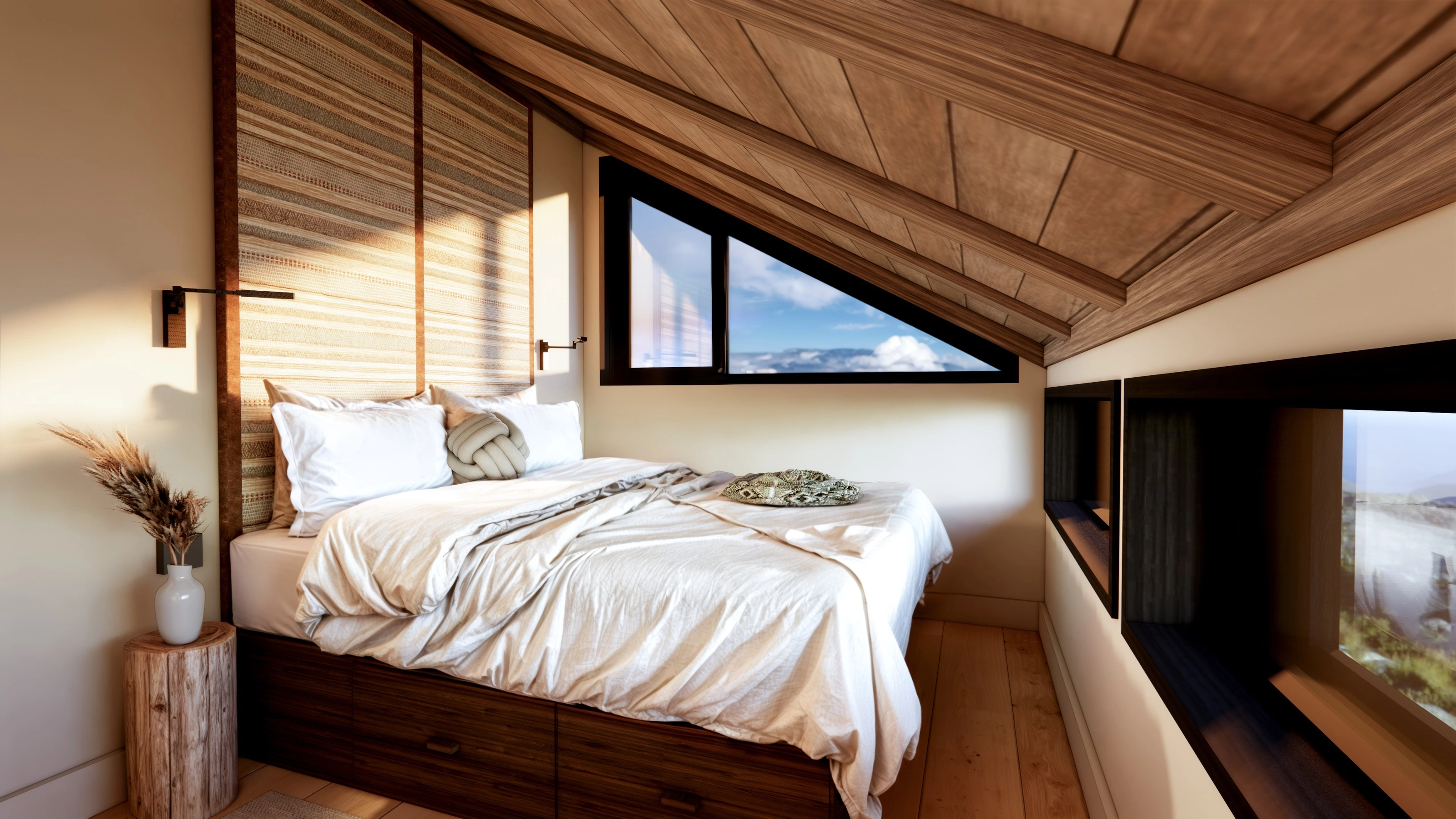 Rendering of a bedroom under a sloped ceiling with a triangular window and mountain view.
