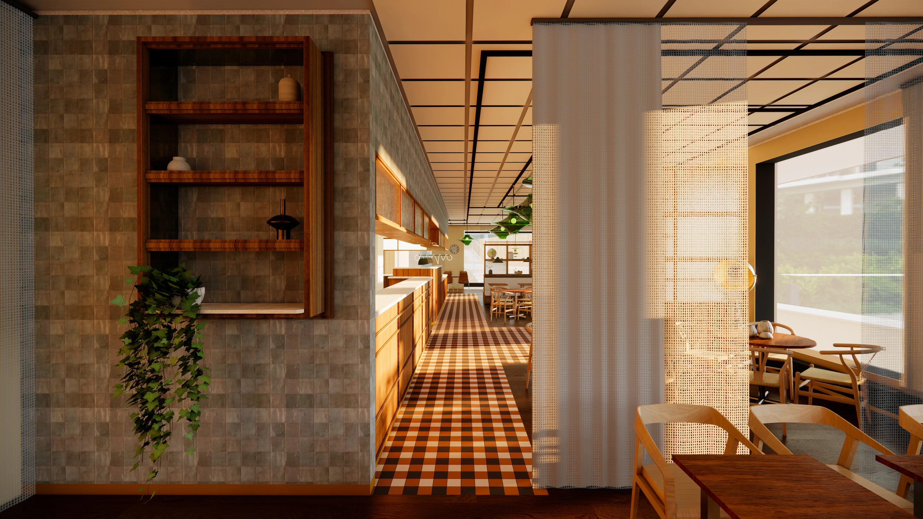 Rendering of a tiled wall with a wooden shelf, a hanging plant, and a view down the corridor toward seating areas and curtains by the windows.