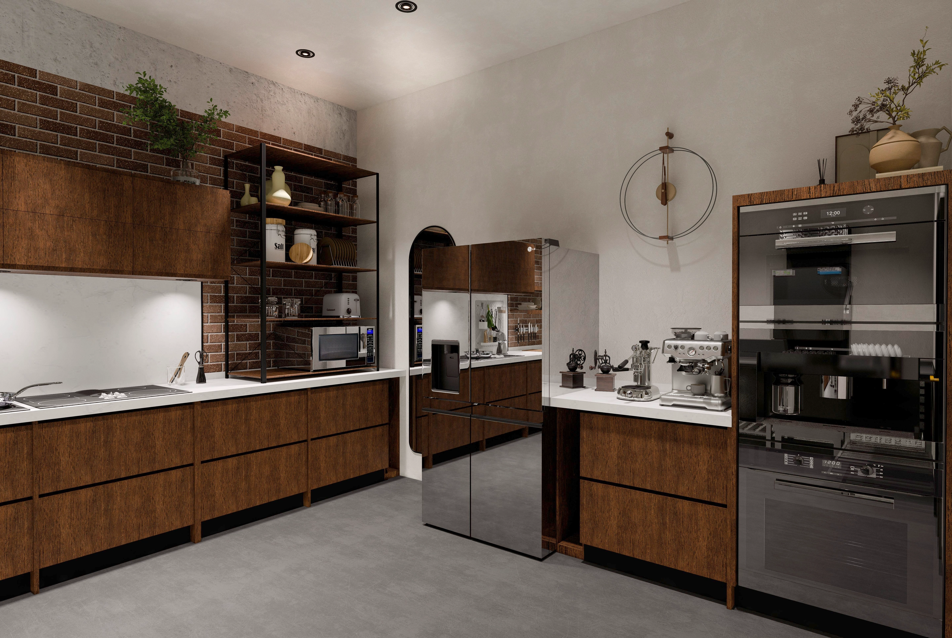 Rendering of a kitchen with dark wood-panel cabinetry, white countertops, and built-in appliances.
