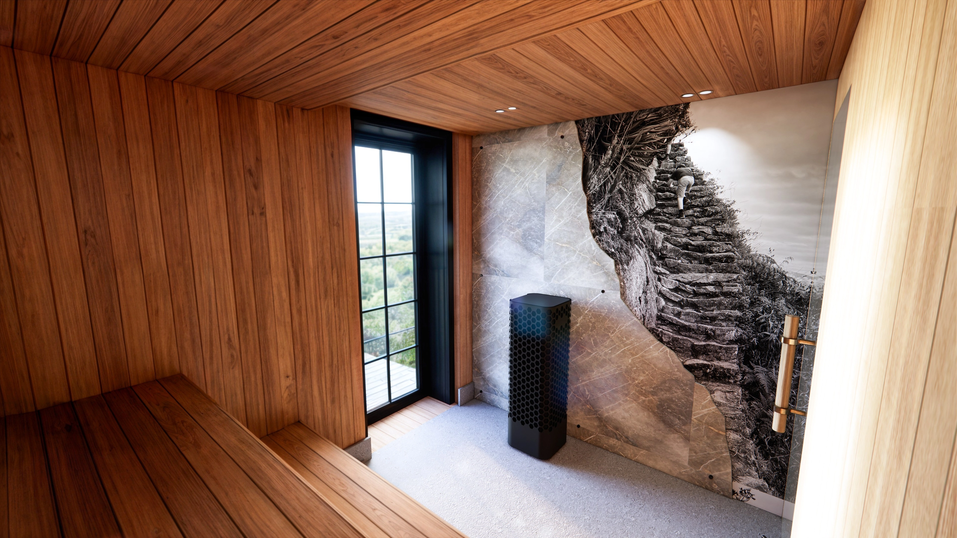 Rendering of a wood-clad sauna with an air purifier and a photo mural of a stone staircase on a mountainside.