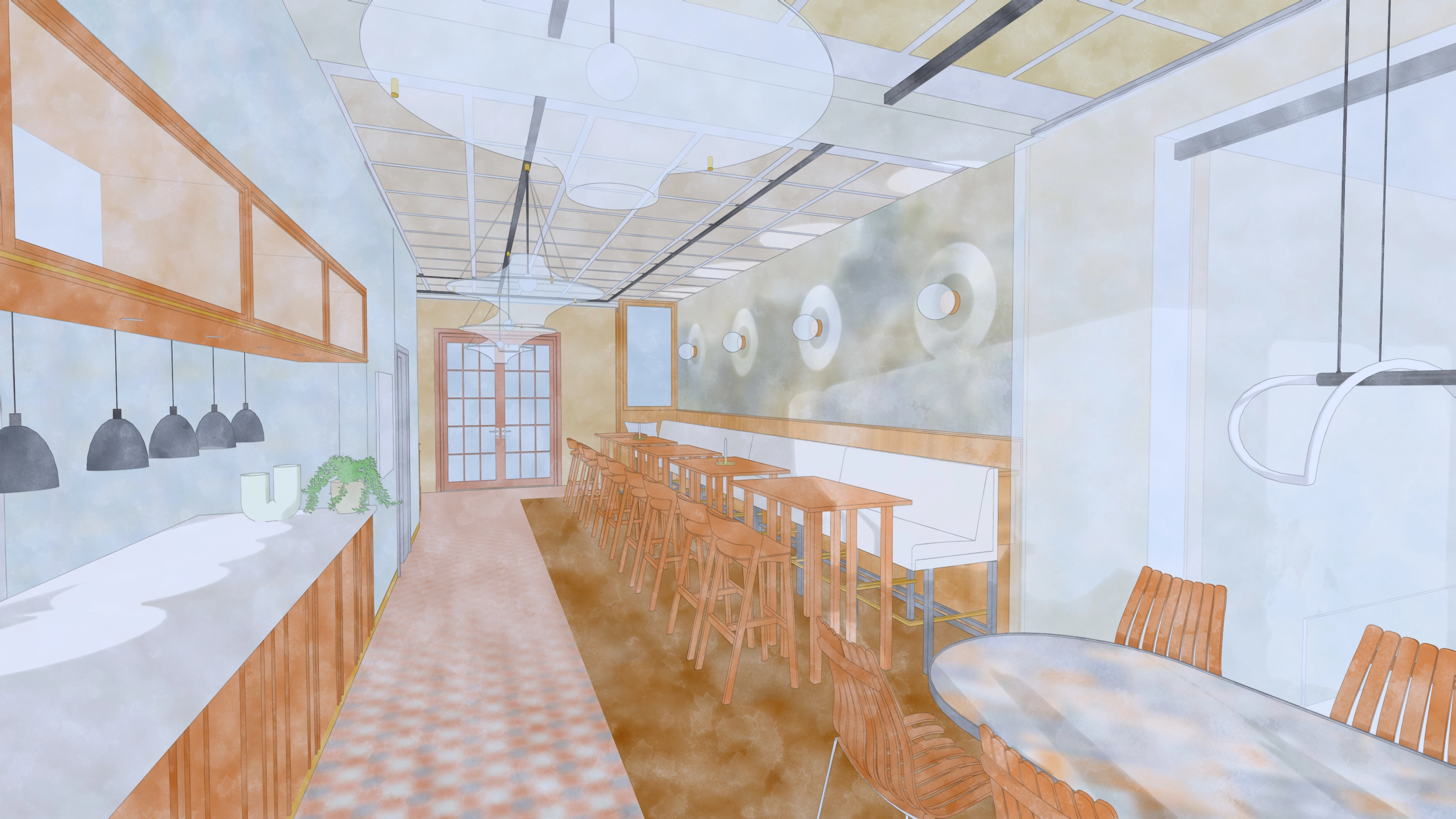 Concept rendering (watercolor style) of the bar-height seating along the wall, with round wall lights, French doors at the end, and a checkered floor runner in the corridor.