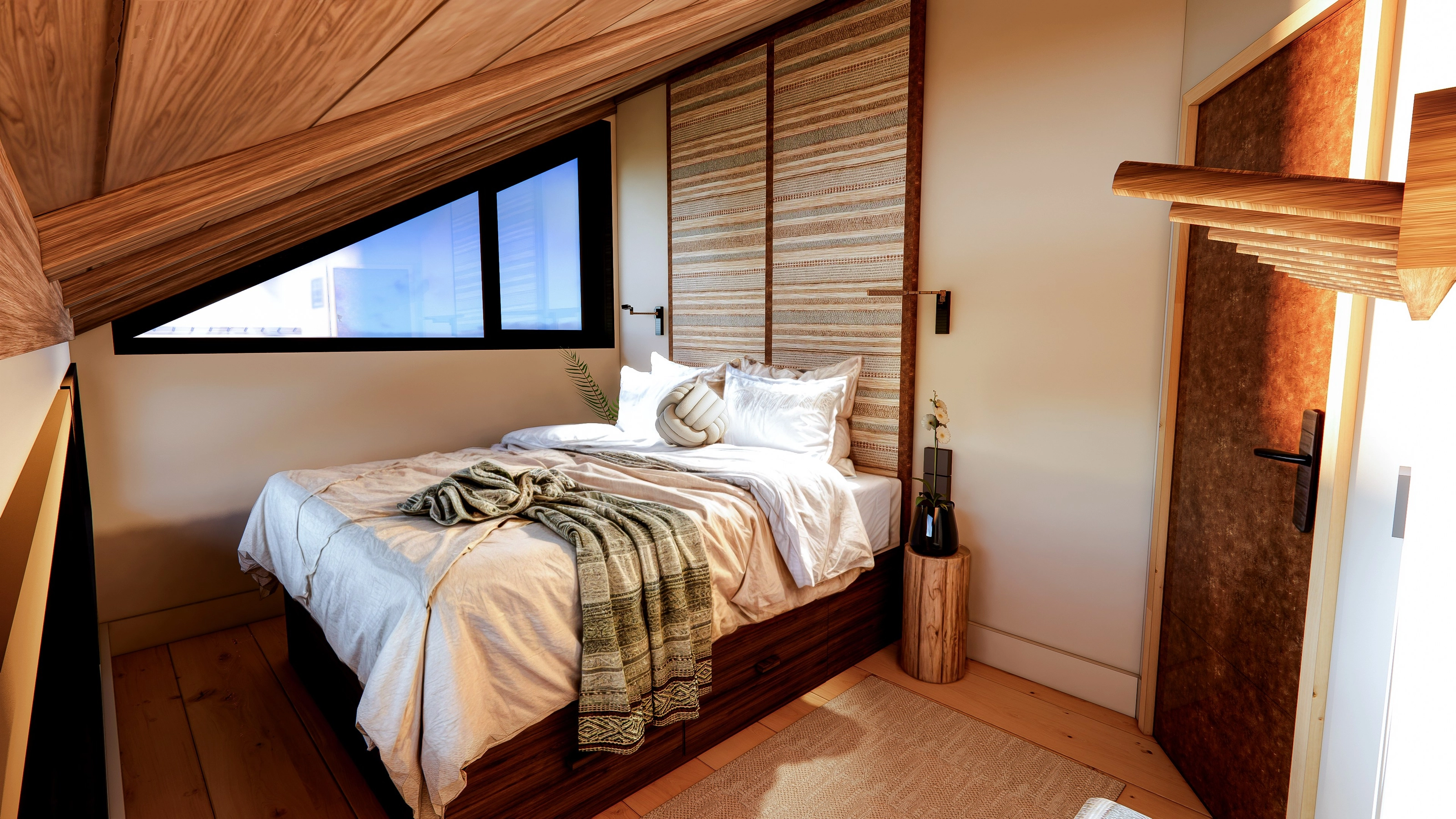 Rendering of a bedroom under a sloped ceiling with a triangular window, a striped wood panel headboard, and a knot pillow on the bed.