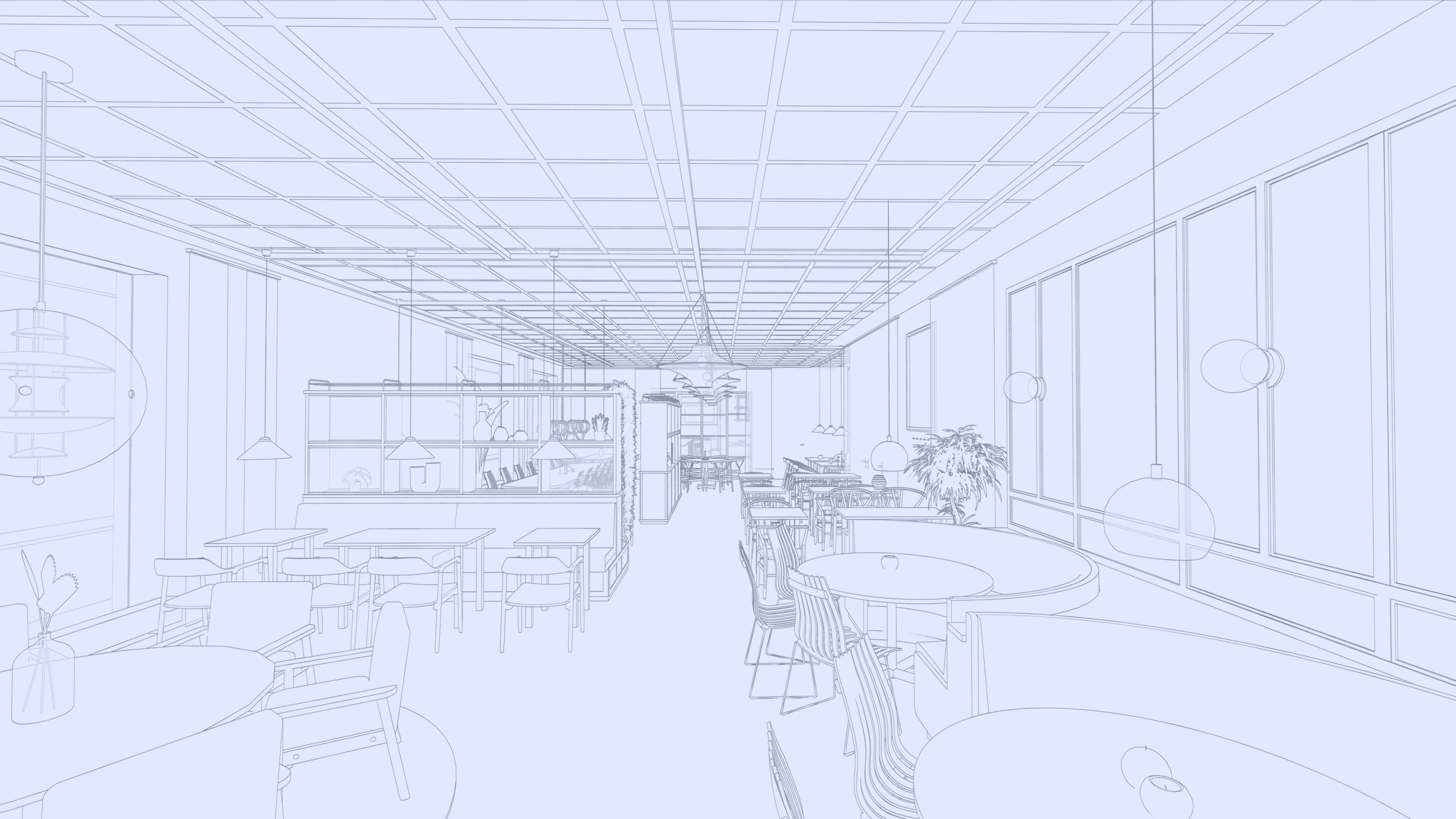 Early line-art (wireframe) rendering of the same bistro layout, used to test the spatial layout before the final visualization.