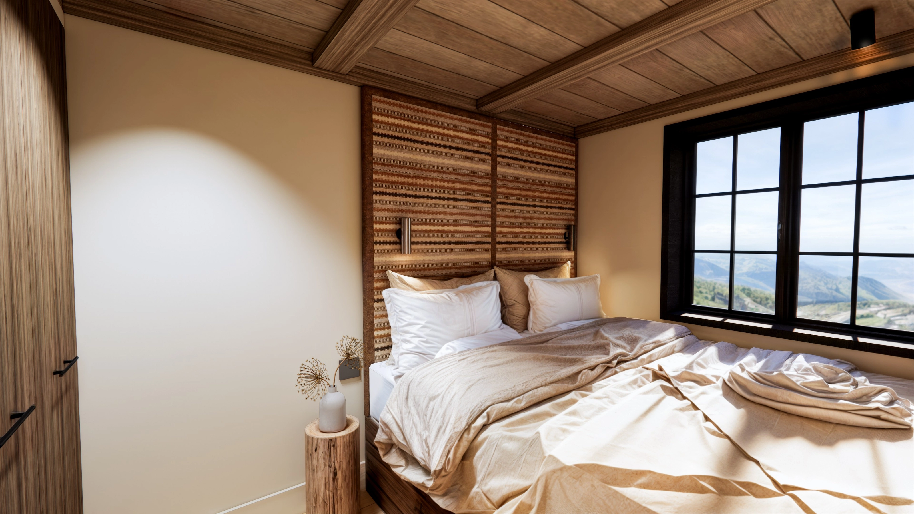 Rendering of a bedroom with a striped wood panel headboard and a window overlooking the mountains.