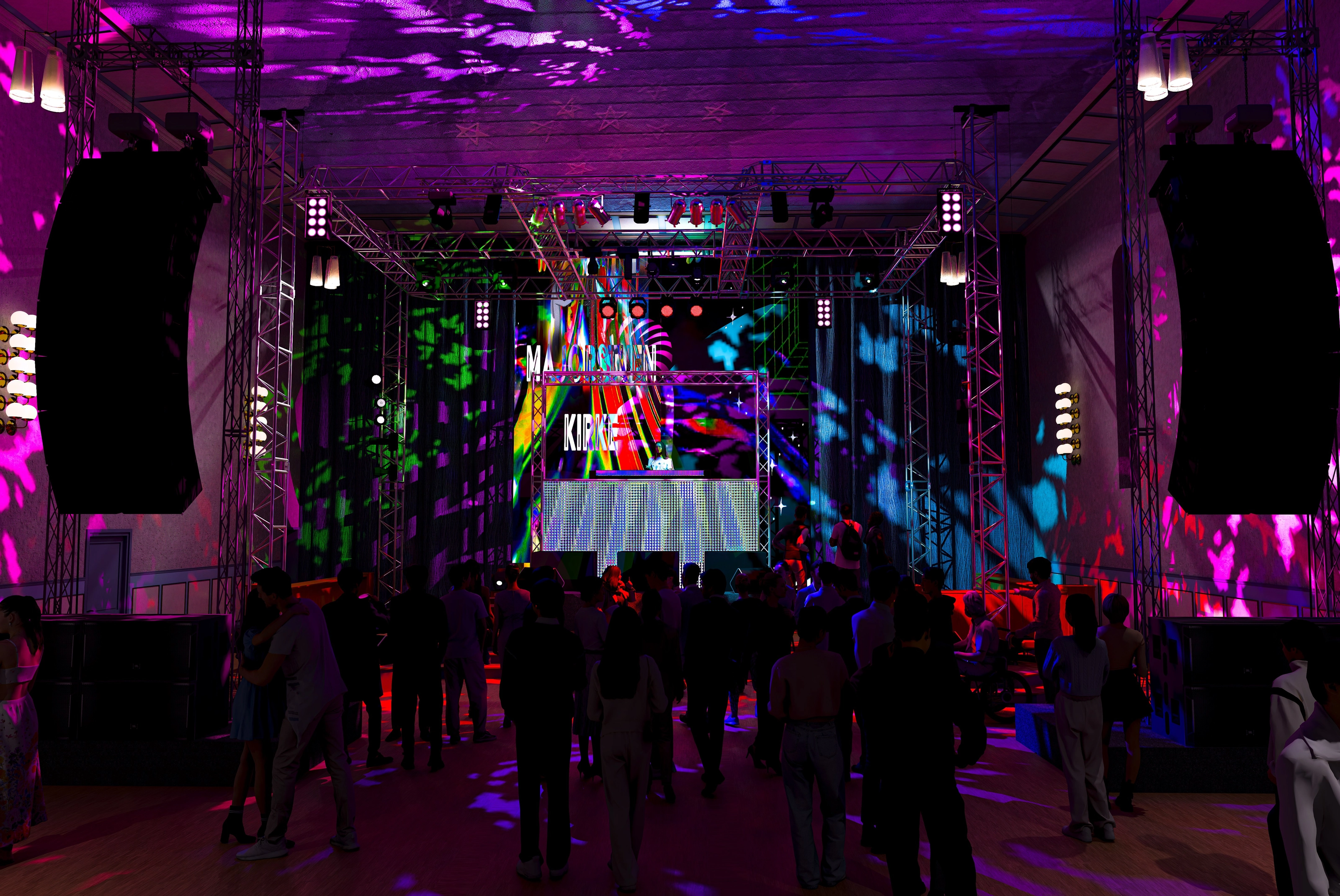 Rendering of the church nave reimagined as an event space, with colorful stage lighting, a projected 'Majorstuen Kirke' logo, and people dancing.