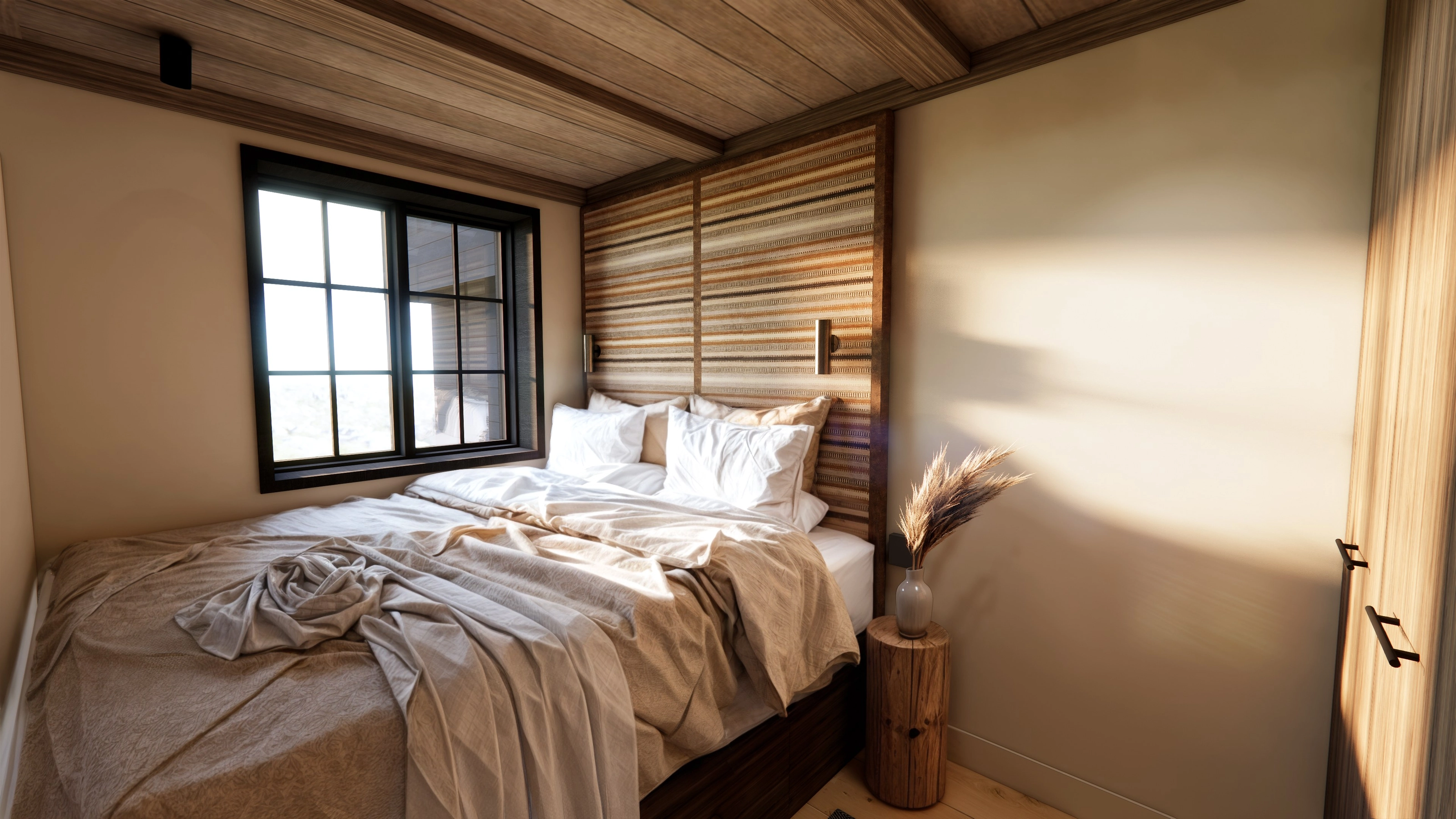 Rendering of a bedroom with a striped wood panel headboard, dried flowers on the nightstand, and a window overlooking the mountains.