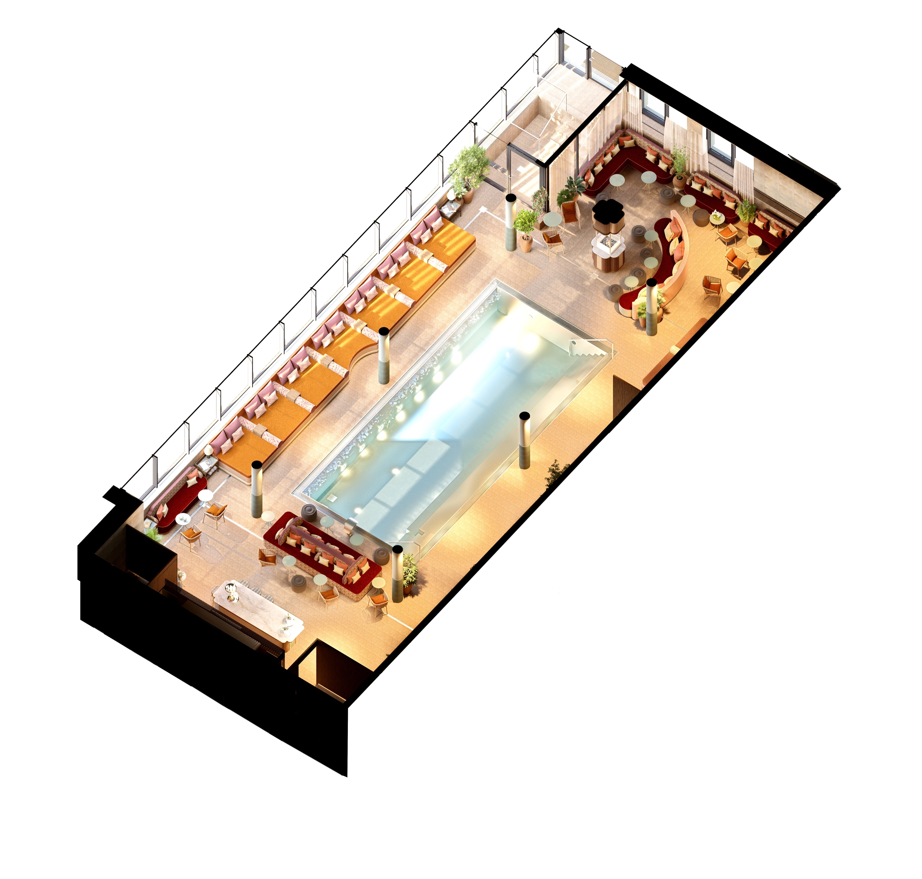 Cutaway axonometric of the whole spa — pool, loungers, lounge zones and bar seen from above.