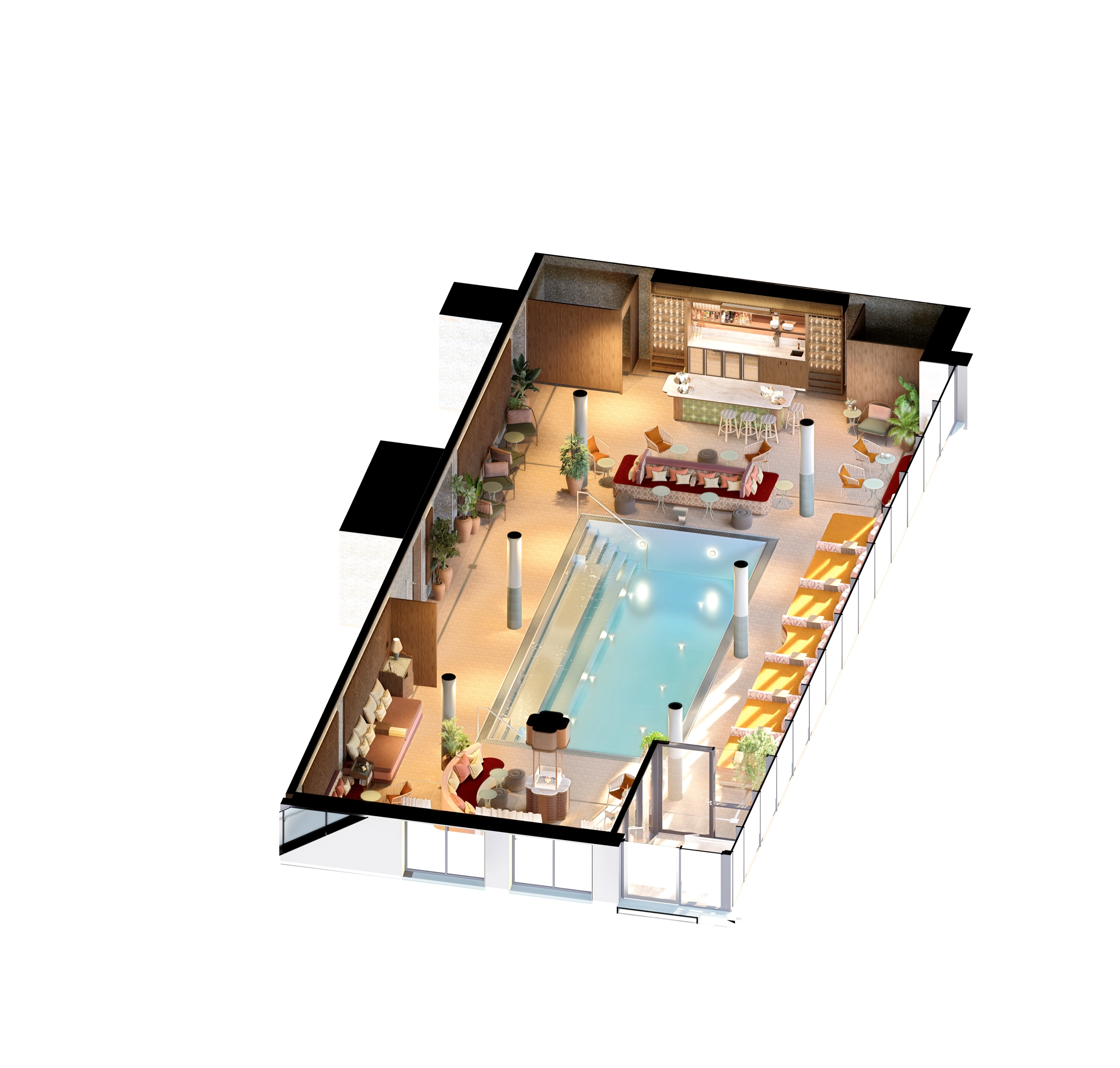 Cutaway axonometric of the spa from the opposite end, showing the pool and the different seating zones.