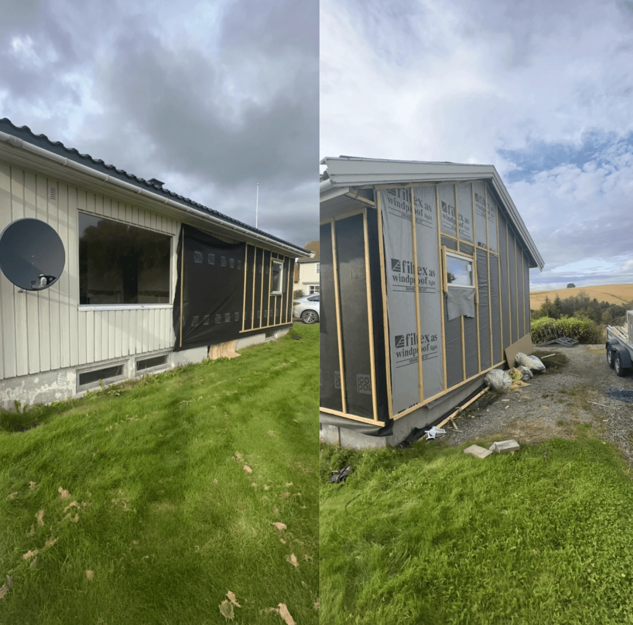 Before/after image of the house facade — left side uninsulated with old cladding, right side with new wind barrier and framing under construction.